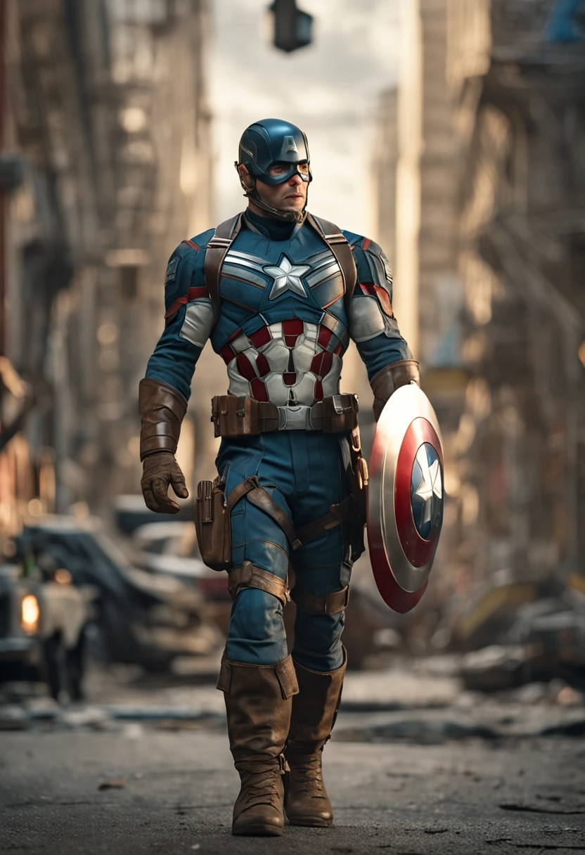 full body shot of captain america in white and gold armour style suit, no mask on, white cape, looking at center camera, perfect composition, beautiful detailed intricate insanely detailed octane render trending on artstation, 8 k artistic photography, photorealistic concept art, soft natural volumetric cinematic perfect light, chiaroscuro, award - winning photograph, masterpiece, oil on canvas, raphael, caravaggio, greg rutkowski, beeple, beksinski, giger, trending on artstation, sharp focus, studio photo, intricate details, highly detailed, night city background, by greg rutkowski