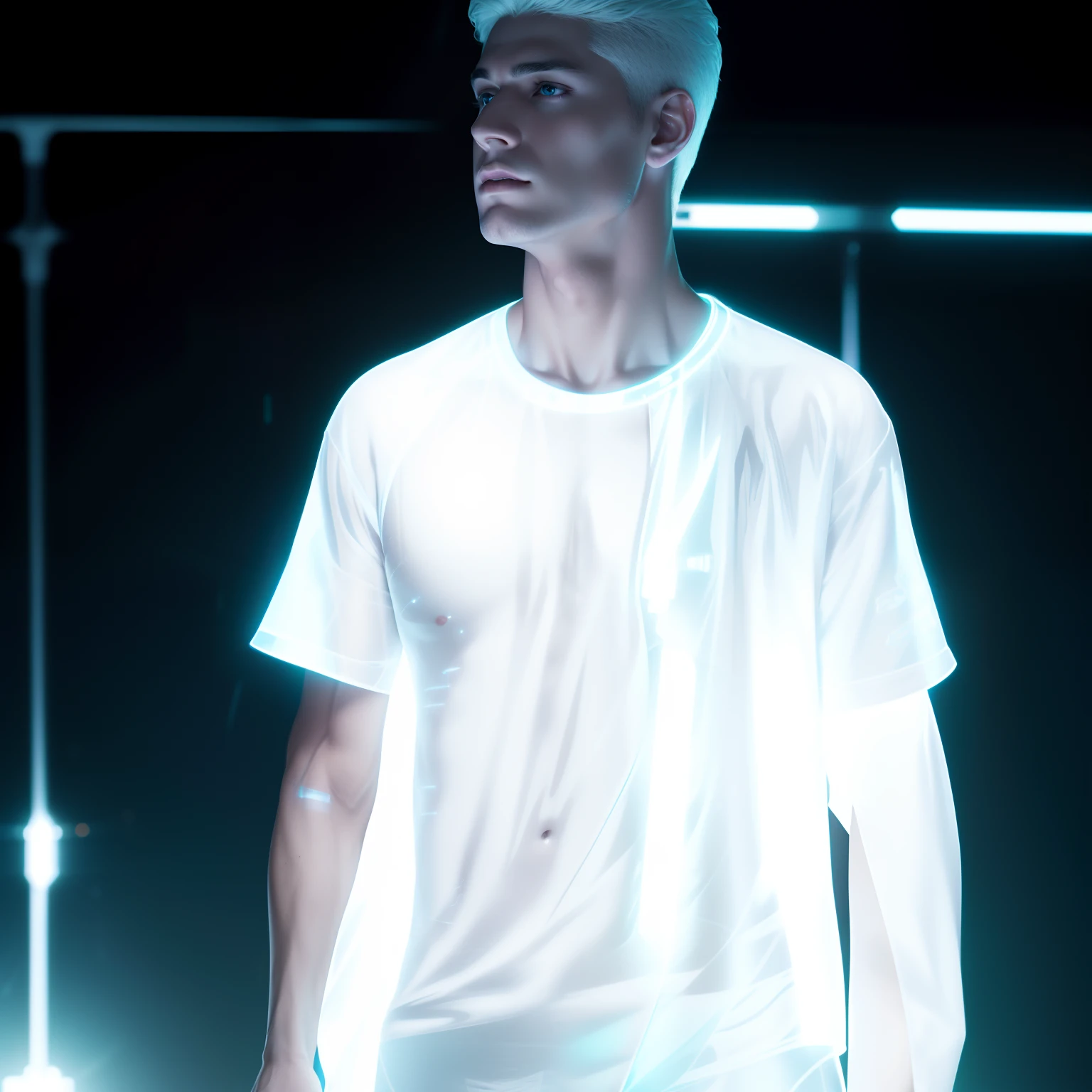 Close up, handsome man, pale white skin, cyborg, ((white skin)), hourglass body, muscular body, sexy, , ultra thight neon transparent jacket, (dark background), bioluminescens tattoos, Cinematic lighting, intricate, masterpiece, best quality