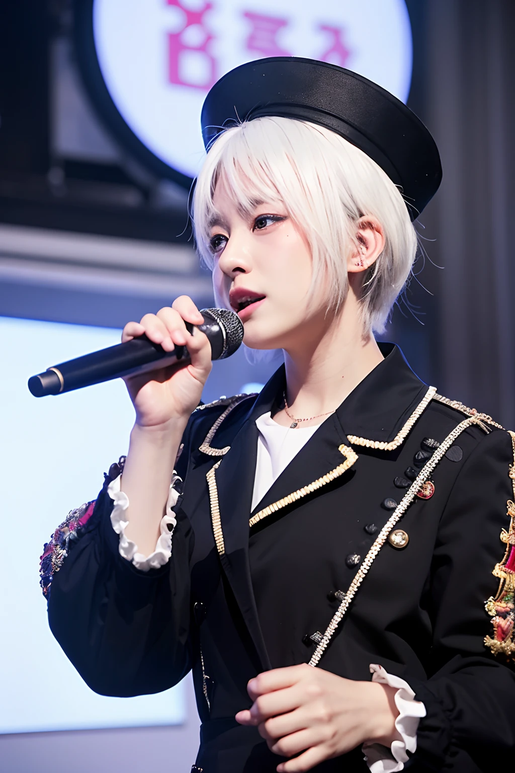 (extra detailed body、extra detailed face、best qualtiy:1.2)、femele、looking at the viewers、(White hair、Very short cut、Bandsman、punk)、(Live house in the background)