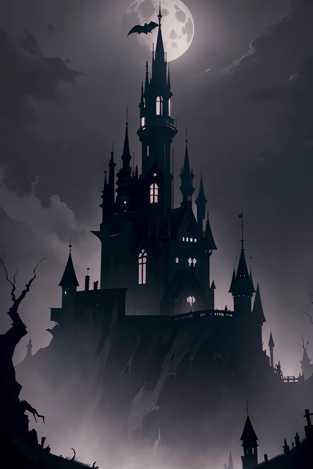 At night, Dark Night Castle in Gothic architectural style，Bats nearby，In the distance, the tree flowers withered，There are dead trees，Mysterious darkness，Picture contrast，themoon，Black night，Fortress of fantasy，borgar，Art and beauty，Castle，Broken，Gothic