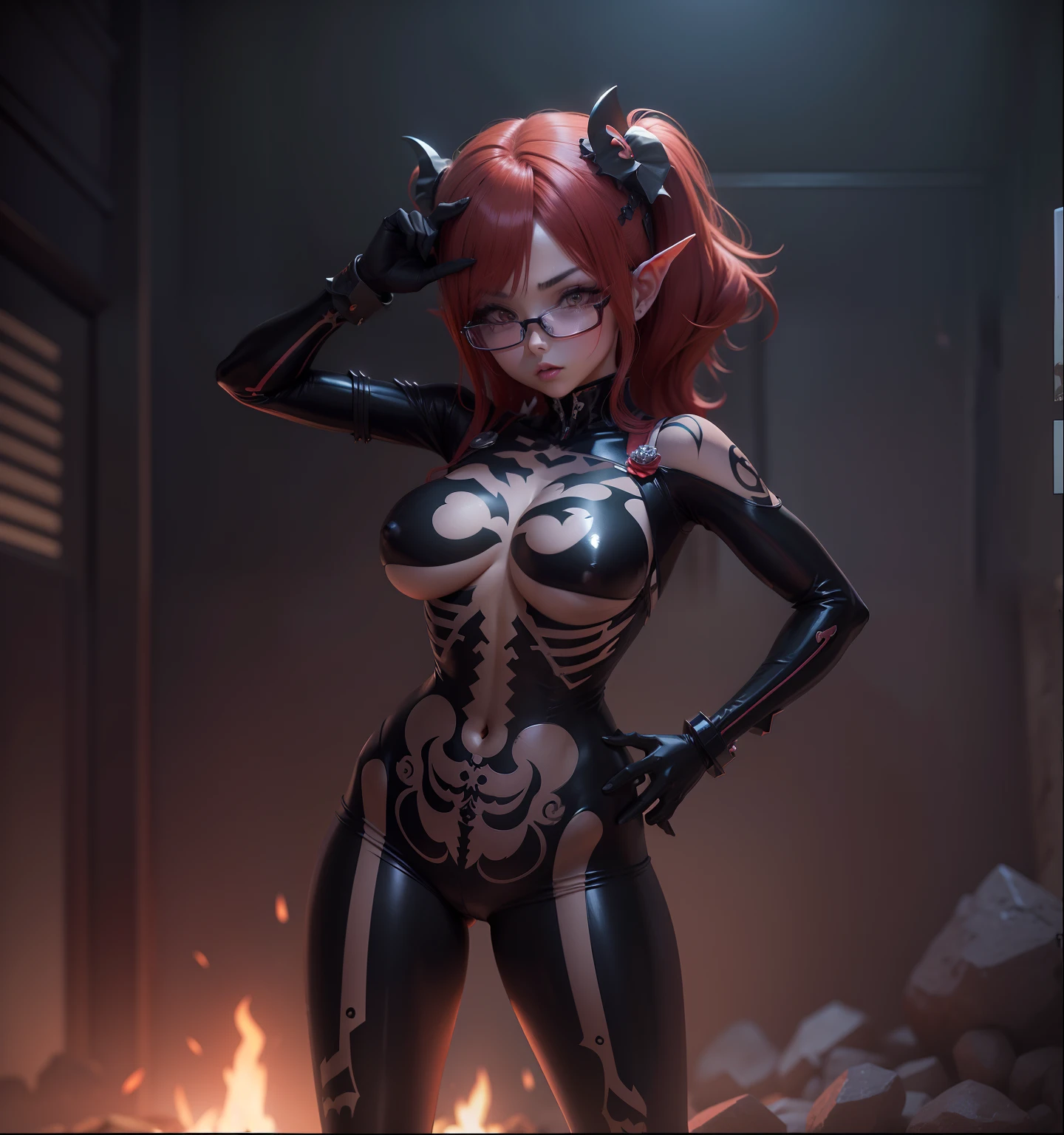 Anime girl in a skeleton suit with glasses and a red hair, menina necromante roupa de caveira, menina do esqueleto, monstergirl, Demon girl, menina anime demon, mulher do diabo de corpo inteiro, Zenkai de corpo inteiro! terno asuka, pose assustadora, succubus, menina monstro anime, Anime estilo 3D