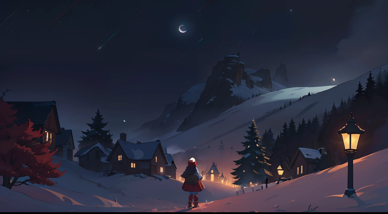 masterpiece, 4k, detailed, wide shot, game key art, splash art, concept, distant shot of a small village at the bottom of snowy hills at night, with a girl with long red hair in beanie, blue sweater and tights, red boots and backpack looking at it in the foreground, dark, gloomy dramatic, spooky lighting with lot of fog, foggy and snowing weather snowy, blizzard, night with white lunar eclipse