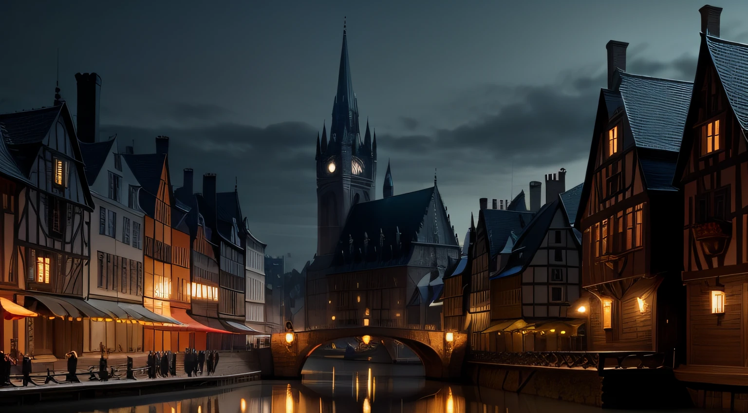 European medieval city design with only black buildings、silhuette、mid night、murky