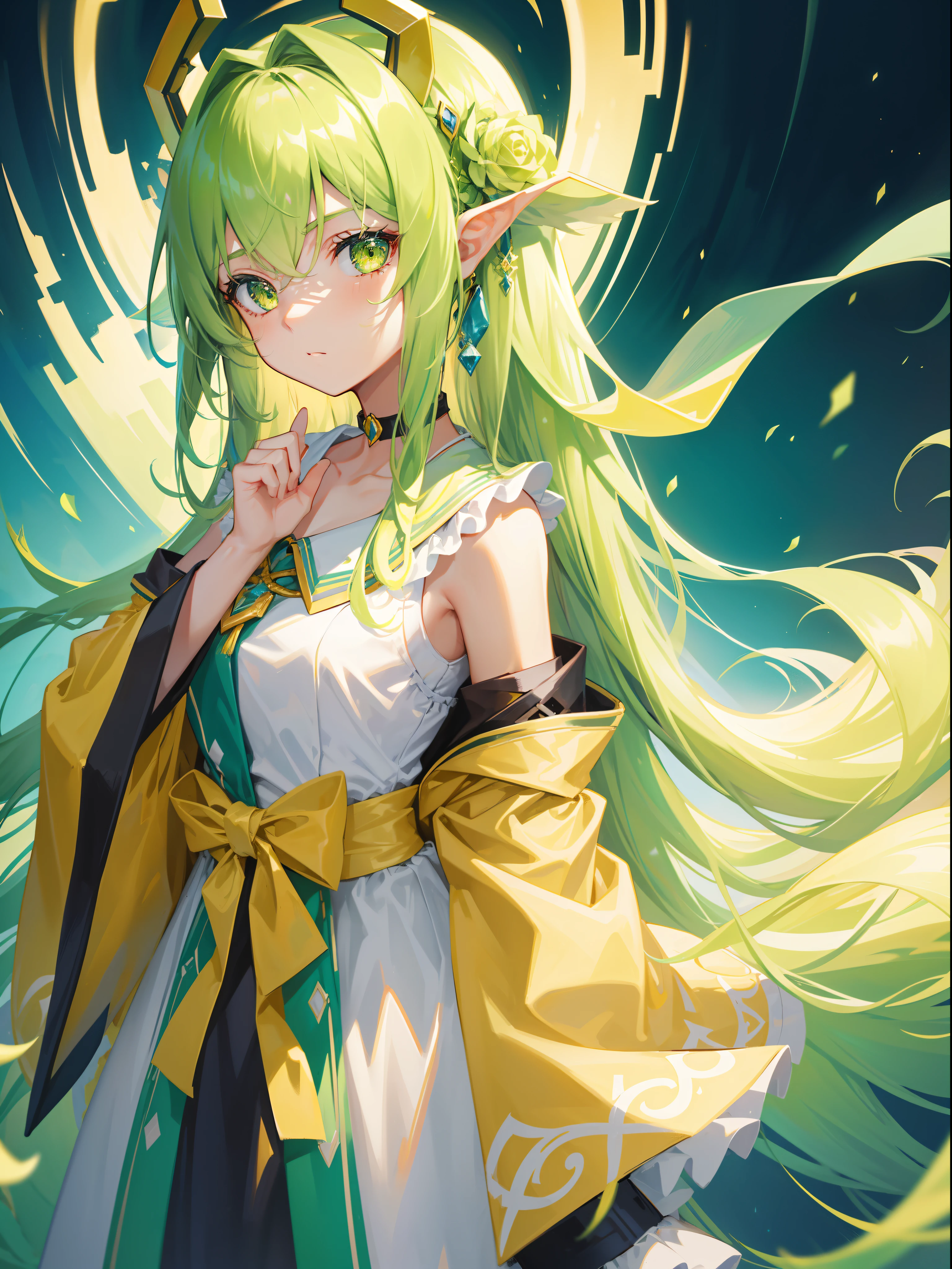 {{Best quality}}, {{Masterpiece}}, {{super ultra detail}}, {{illustration}}, {{Detailed light}}, one-girl,closeup of face,sideface,Lime yellow,Long flowing hair,Gradient, Turquoise eyes, Loli style, beast ear,The robes of the priests,Place one hand on your chest,Place the other hand on your face,A puzzled expression,choker necklace,head gear
