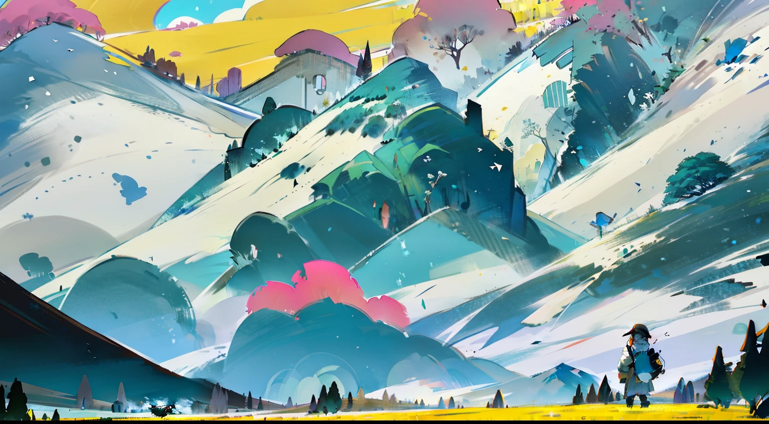 with blue sky and white clouds,green meadows,The meadows are dotted with colorful flowers,In the distance are rolling snow-capped mountains。A young shepherd dressed in white sits under a large tree,With a smile,Beside him is his flock。The picture is colorful,with a sense of layering。master piece,super details