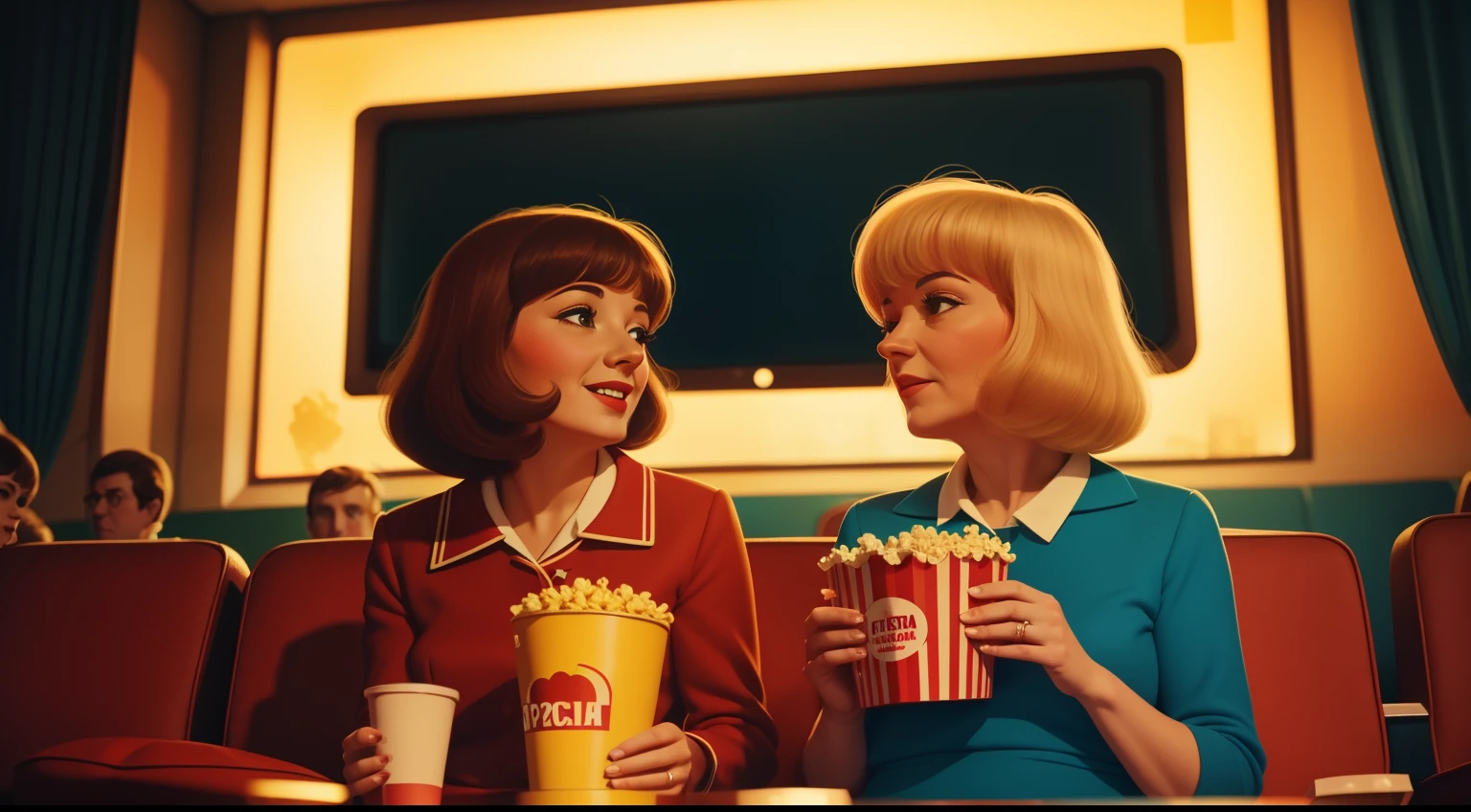 Date: 1968
Location: Prague, Czech Republic
Description: In a retro Czech cinema, a couple shares a bucket of popcorn while watching a classic film on the big screen, their expressions illuminated by the flickering light.