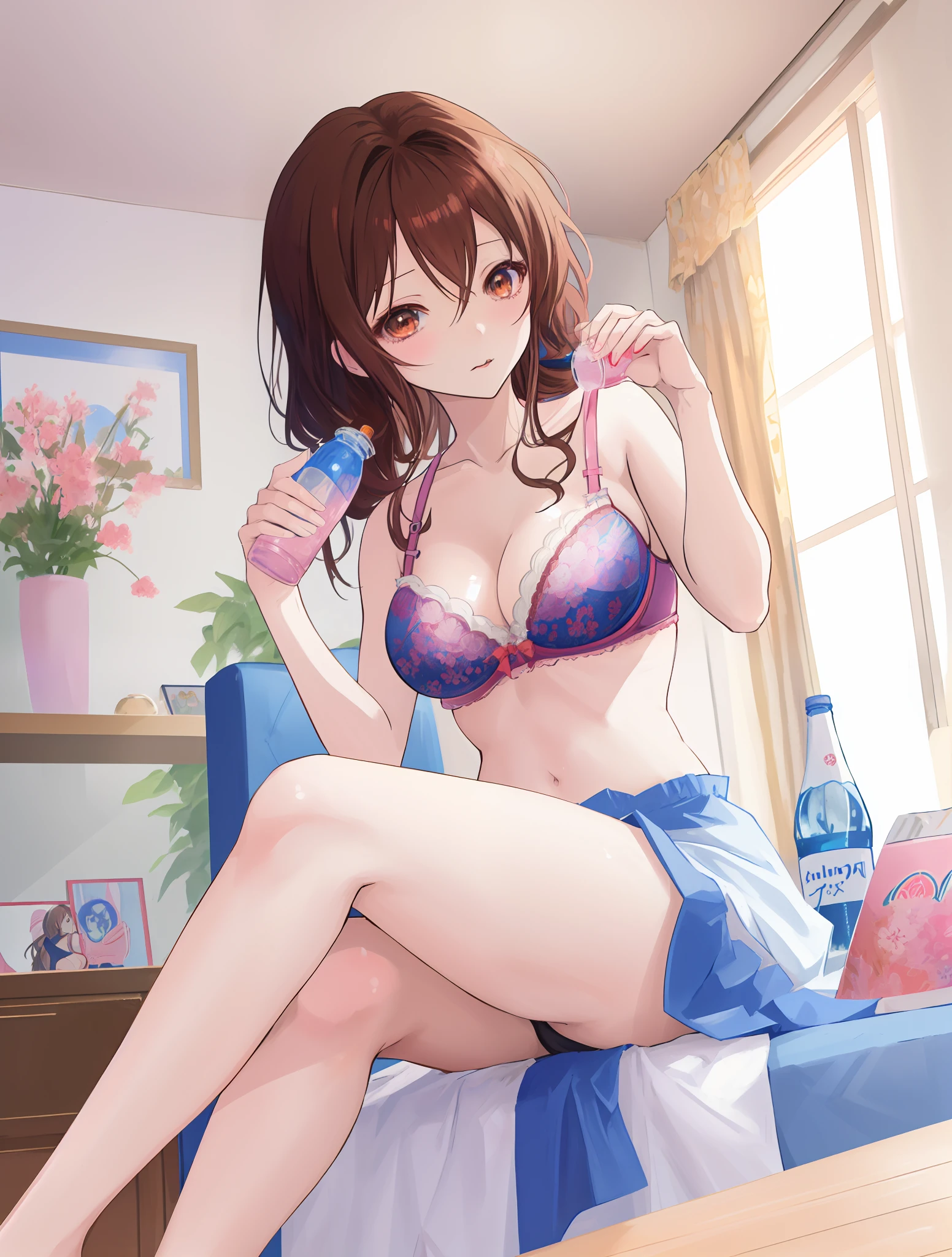 anime girl sitting, with a bottle of water, seductive anime girl, smooth anime cg art, attractive anime girl, cute anime girl, beautiful anime girl, anime girl, realistic anime artstyle, from below, wearing a bra, brown hair