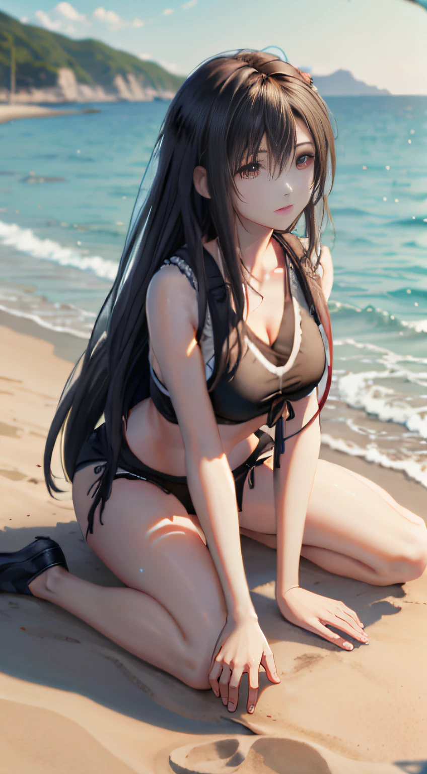 whaite hair,swim wears,the original god,Beach by the sea,exquisitedetails,Excellent composition,Ultra-clear image quality,Kamisato Linghua,Hot figure