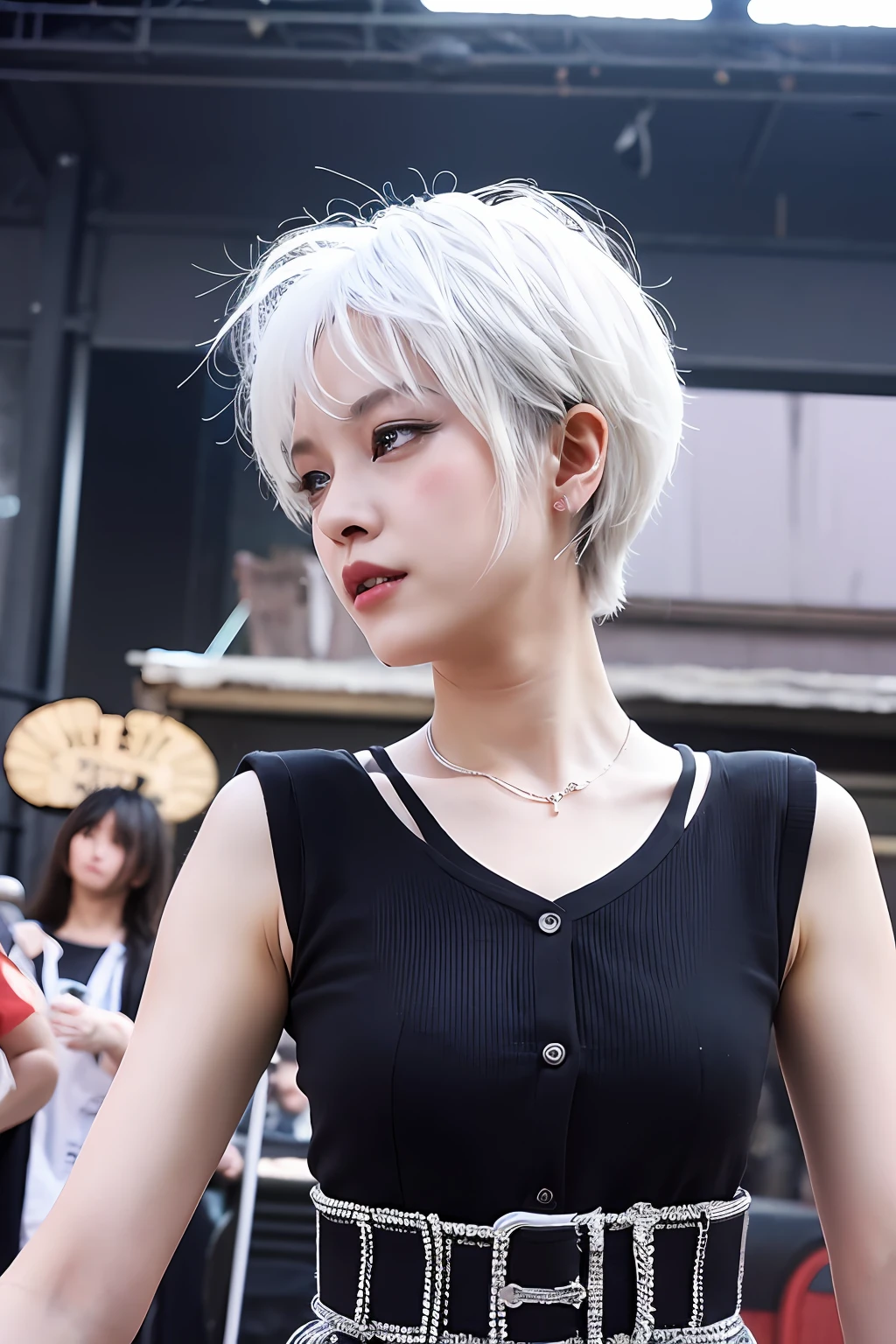 (extra detailed body、extra detailed face、best qualtiy:1.2)、femele、looking at the viewers、(White hair、Very short cut、Bandsman、punk)、(Live house in the background)
