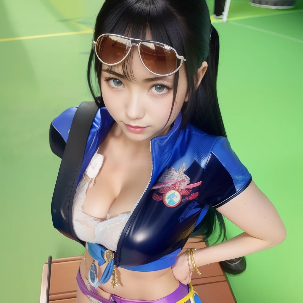 1 girl, nico robin, blue jacket, long hair, black hair, realistic, ultra detail