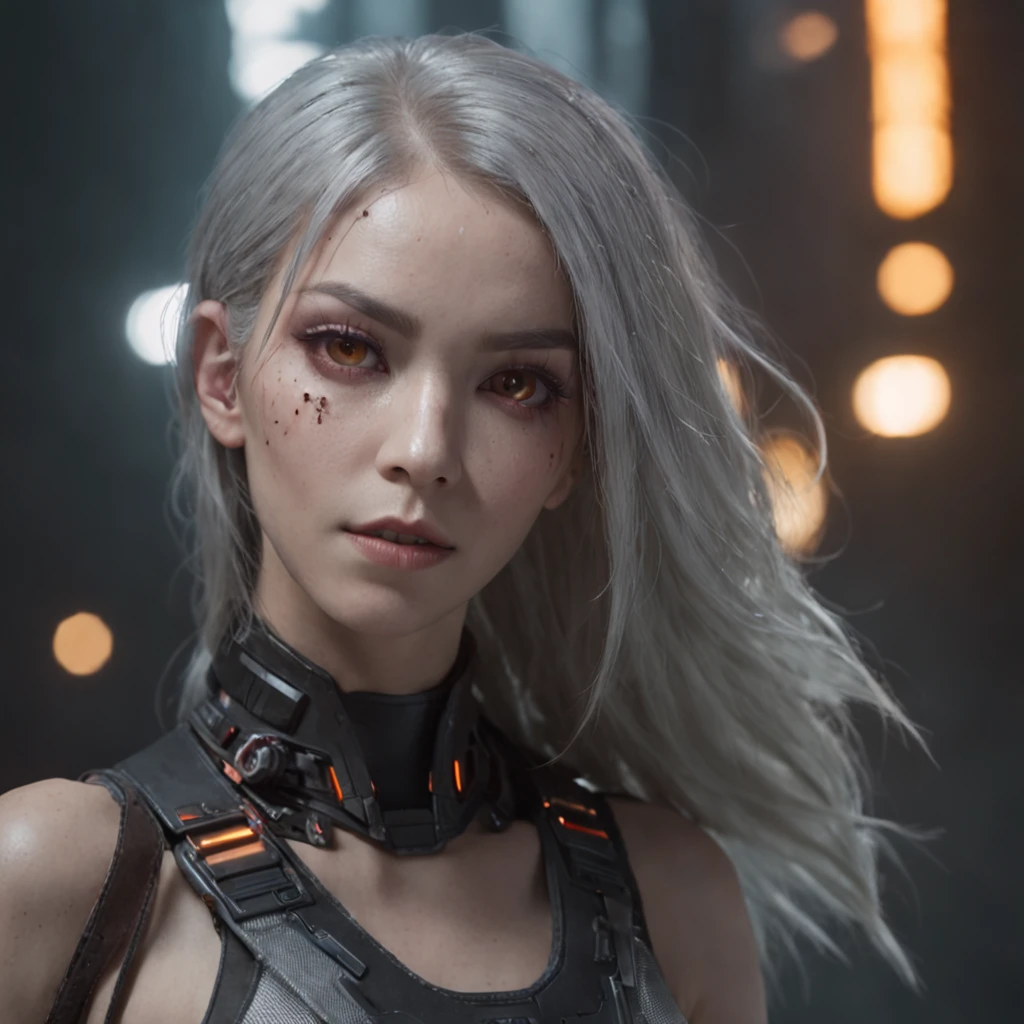 absurdres, highres, reflection, refraction:1.4, ultra detailed:1.4, (photorealistic:1.4, ultra high res, RAW photo), BREAK (cyberpunk:1.3), Android, robot_girl, silver hair, beautiful face with cool expression, In the dark decaying ruins, (super wide angle:1.2), shot from below BREAK ((neon lighting, vibrant glow, dynamic colors, striking contrast, futuristic vibe, electric energy, reflective surfaces))