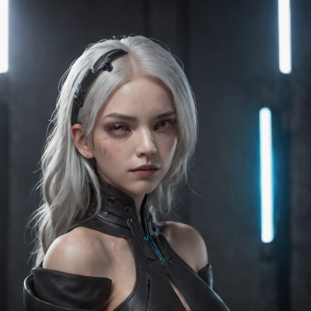absurdres, highres, reflection, refraction:1.4, ultra detailed:1.4, (photorealistic:1.4, ultra high res, RAW photo), BREAK (cyberpunk:1.3), Android, robot_girl, silver hair, beautiful face with cool expression, In the dark decaying ruins, (super wide angle:1.2), shot from below BREAK ((neon lighting, vibrant glow, dynamic colors, striking contrast, futuristic vibe, electric energy, reflective surfaces))