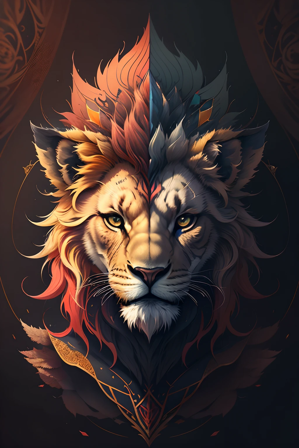 8k ultra resolution, A close up of a lion's face against a dark background, A flat colorful surreal design, courage, Extremely high details, Charismatic beauty, primal duality, on one canvas, Perfect coloring, an ai generated image, elegant drawing, vibrantly colored