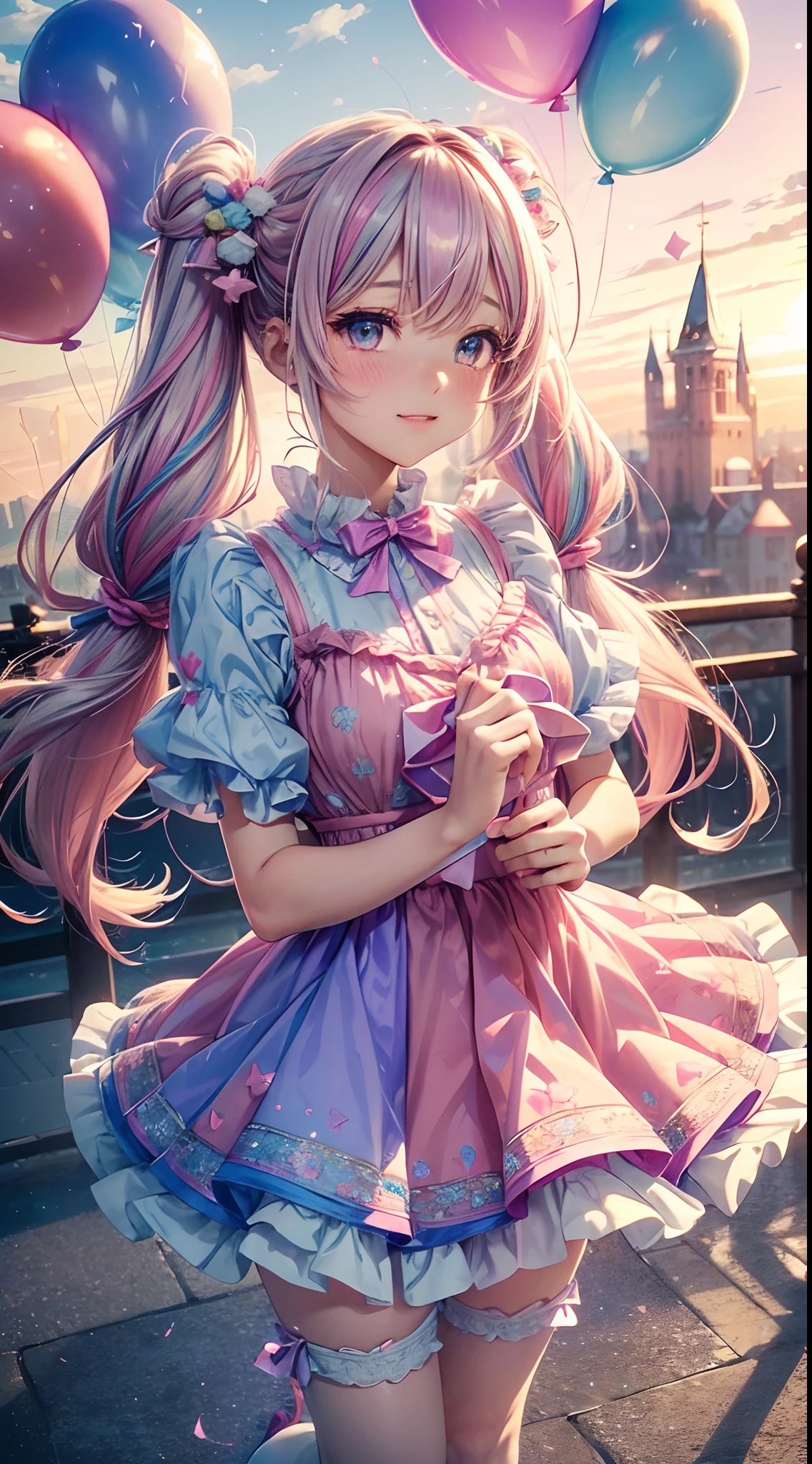 (fullbody, legs and shoes visible: 1.2)) expressive eyes, 1girl, pale skin, long hair, windblown hair, ((absurdly long hair)), long sidelocks, hime bangs, hair fringe, hair bun, ((very long twintails)), iridescent hair, light pink hair, blushing, full face blushing, big sparkling pastel purple eyes, (gradient eyes), open mouth smile, cute pose, ((holding balloons : 1.3))
((cute and pastel fashion)) ((🦄🎠🎈🎉 theme : 1.4)) flowy pastel dress, ((dreamy multicolored open dress)), (floating ribbons), lavender ruffles, pink frills, (light blue lace), detached short sleeves, puffy skirt, ((rainbows and stars print skirt : 1.3)), ta skirt, purple bows, ((pompon ribbons hair ornament : 1.4)), multiple bows, striace stockings, (heart shaped leg garter), cute (pastel purple) shoes ((hyperdetailed clothing and fashion)) looking at you, vintage girl, blushing, (beautiful detailed eyes), (extremely detailed CG unity 8k wallpaper) (best shadow), ((an extremely delicate and beautiful)), (detailed light), ((depth of field)) big head, big sparkling eyes, moe, splash art, cinematic lighting, frontal view, volumetric lighting maximalist photo illustration 64k resolion high res intricately detailed complex key visual precise linear
((in the dreamy pastel sky background, surrounded by sunset clouds, shooting stars, castles in the clouds)) ((hyperdetailed scenery, foggy clouds, suspended by balloons, hearts : 1.3))