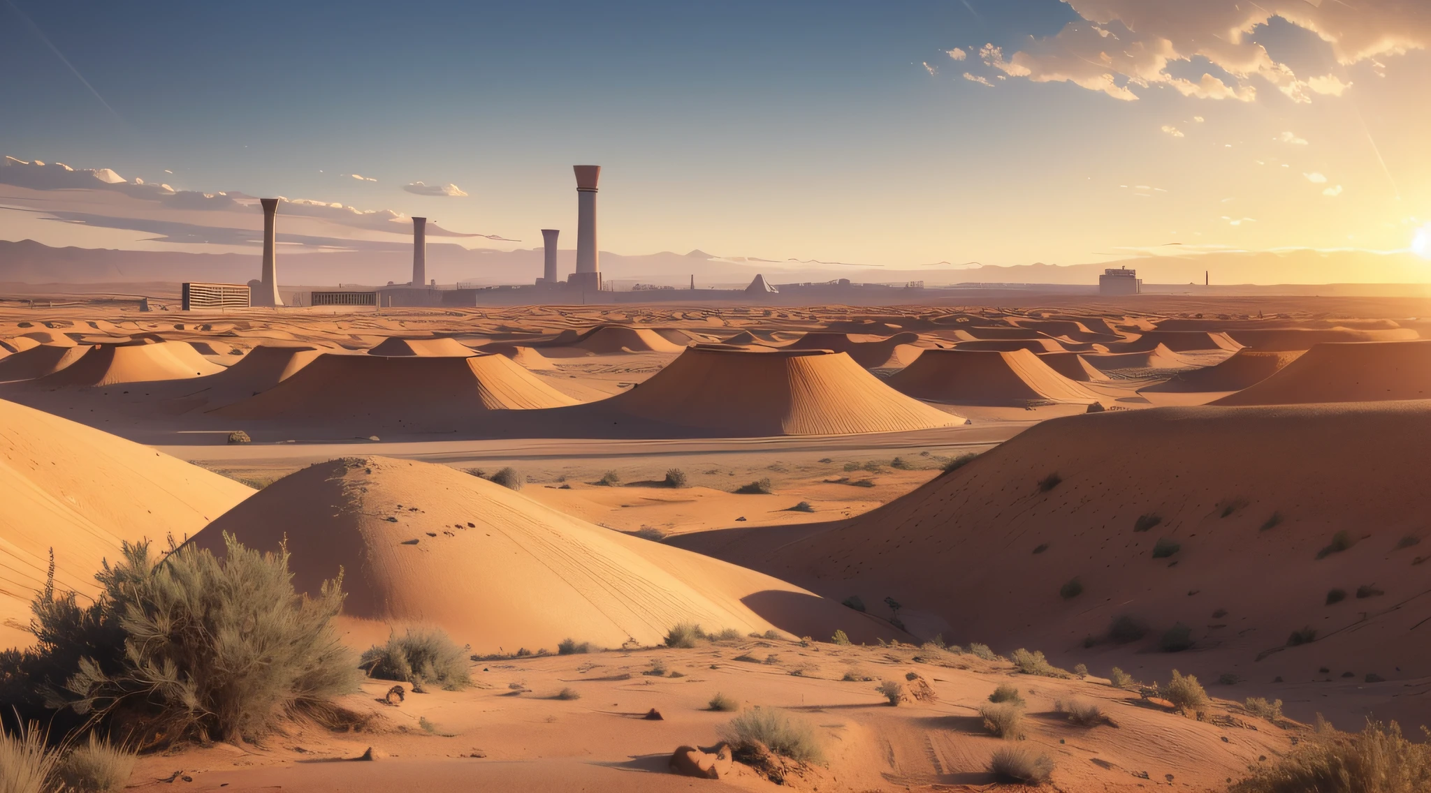 Illustration of deserted earth.

Draw an illustration of the earth.
The surface of the earth is covered with desertified land.
Some trees and grasses remain in the desertified land, but most of them have died.
The sky is gray and cloudy.
The sun is small and red.
Several chimneys and factories stand around the globe.
The earth has been devastated by desertification and pollution.
This illustration expresses that the earth is desertified and polluted. This illustration will make you think about what each of us can do to protect the planet.