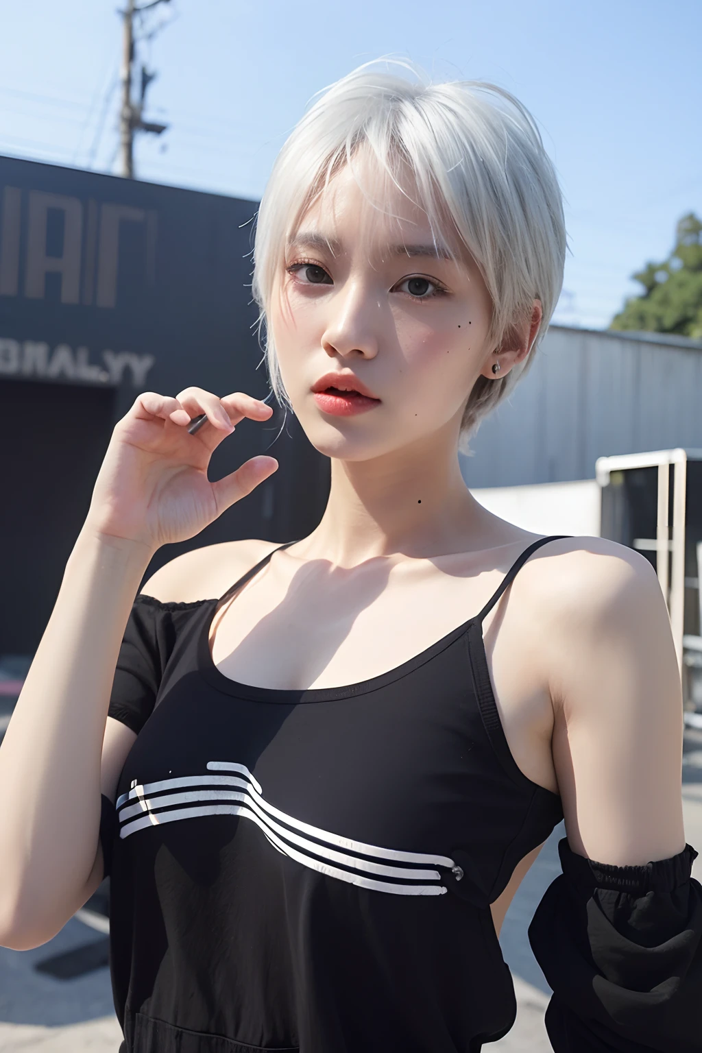 (extra detailed body、extra detailed face、best qualtiy:1.2)、femele、looking at the viewers、(White hair、Very short cut、Bandsman、punk)、(Live house in the background)