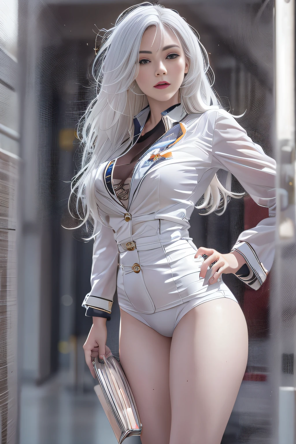 Award-Awarded, Super detail, Anatomically correct, hyper HD, retinas, Masterpiece, Textured skin, ccurate, High details, Best quality, A high resolution, High quality, 8K,Photorealistic, high resolution, Soft lights, 1womanl, Shiny skin, Fine fine skin, Solo, Hips up, view the viewer, (Detailed face), White hair, Long hair, doctor outfit, blouse