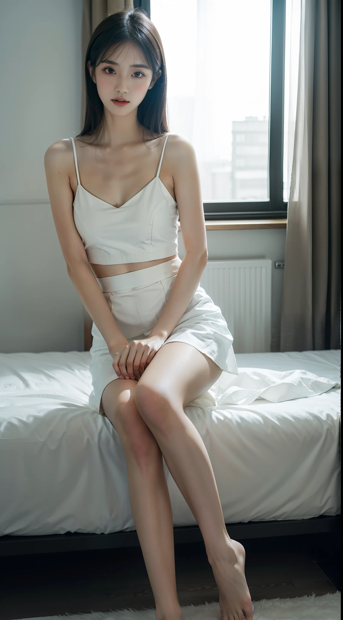 ((Best picture quality, 8K, tmasterpiece:1.3)), 1girll,(white dresses:1.3),(wet see through clothes:1.4),(athletic sneakers:1.3)Erlang legs,sitting in the couch
