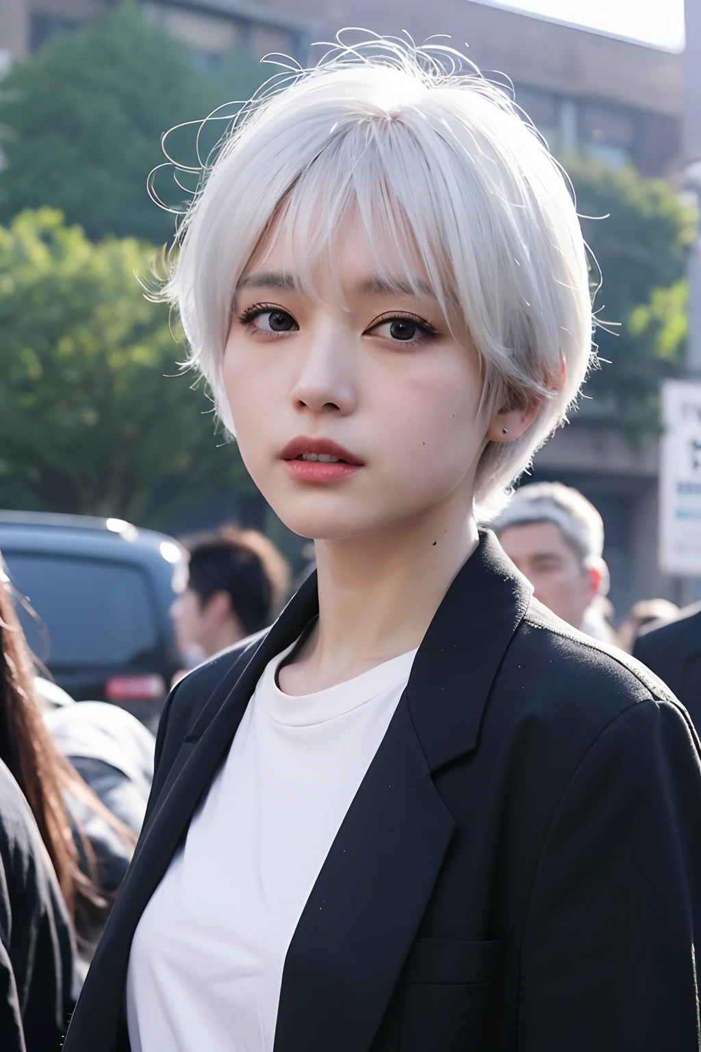 (extra detailed body、extra detailed face、best qualtiy:1.2)、femele、looking at the viewers、(White hair、Very short cut、Bandsman、punk)、(Live house in the background)