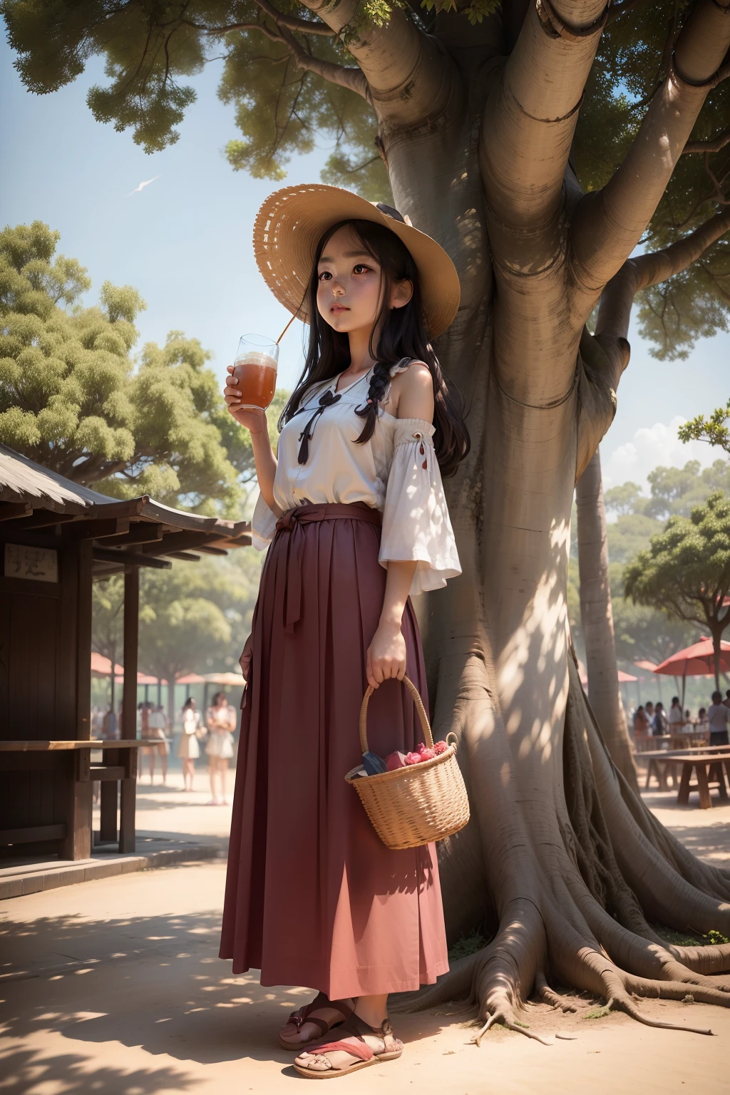 Drinking girl standing under a banyan tree looking up at the sky,Hold the drink in your hand,Place it on your chest,Drink in hand,standing under a tree,Faraway view,夏天,Under the trees,Full body portrait,long skirt,pupils,Overlooking,Side Body,Look up at the sky,Playground background,Student days