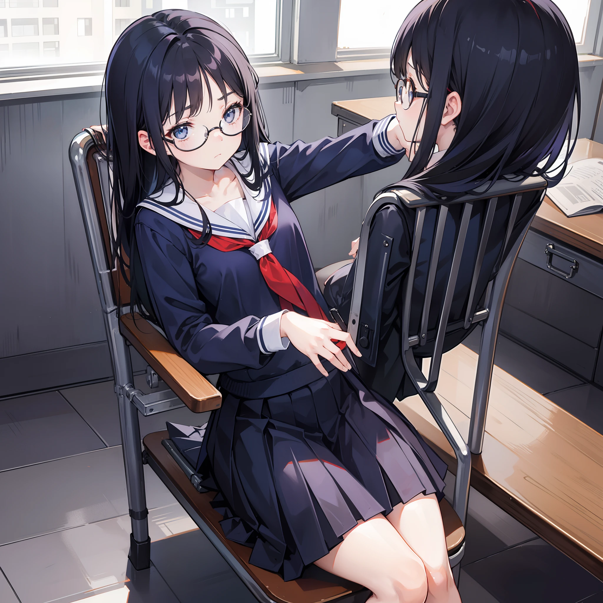 1girl, Back view, skirt, sit on chair, small chair, navy hair, long curvy hair, big round glasses, pretty, no expression, flat expression, limp face, school chair