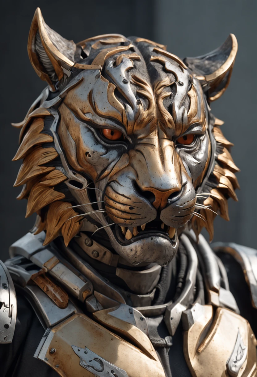 maximum quality, dramatic lighting, menacing pose, fierce expression, epic atmosphere, (((Tiger head shaped helmet))), (((tiro de corpo inteiro))),um lobo feito de metal, ciborgue, estilo cyberpunk, mechnical, ((detalhes intrincados)), HDR, ((detalhes intrincados, hiperdetalhado)), incandescent bulbs, Cinematic Shot, vinheta, bokeh efeito beckground, (Caninos), (tiro de corpo inteiro).