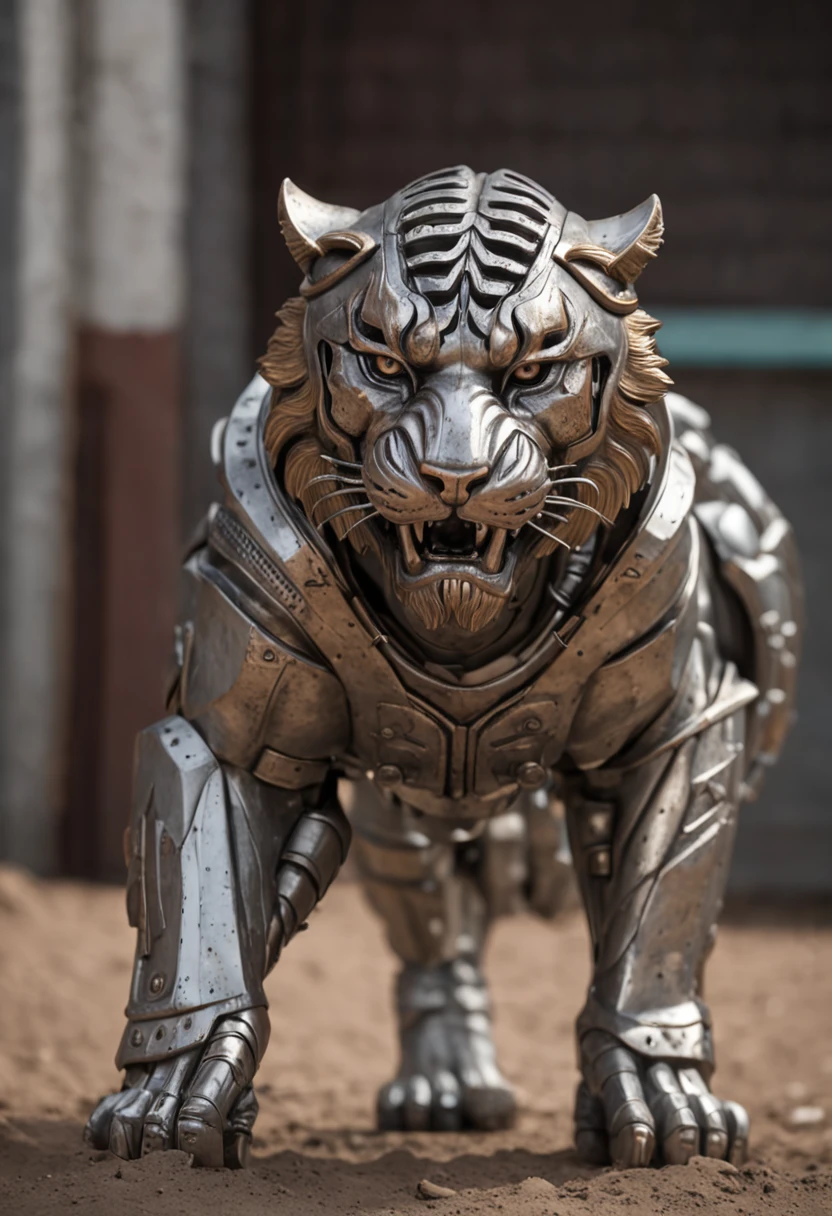 maximum quality, dramatic lighting, menacing pose, fierce expression, epic atmosphere, (((Tiger head shaped helmet))), (((tiro de corpo inteiro))),um lobo feito de metal, ciborgue, estilo cyberpunk, mechnical, ((detalhes intrincados)), HDR, ((detalhes intrincados, hiperdetalhado)), incandescent bulbs, Cinematic Shot, vinheta, bokeh efeito beckground, (Caninos), (tiro de corpo inteiro).
