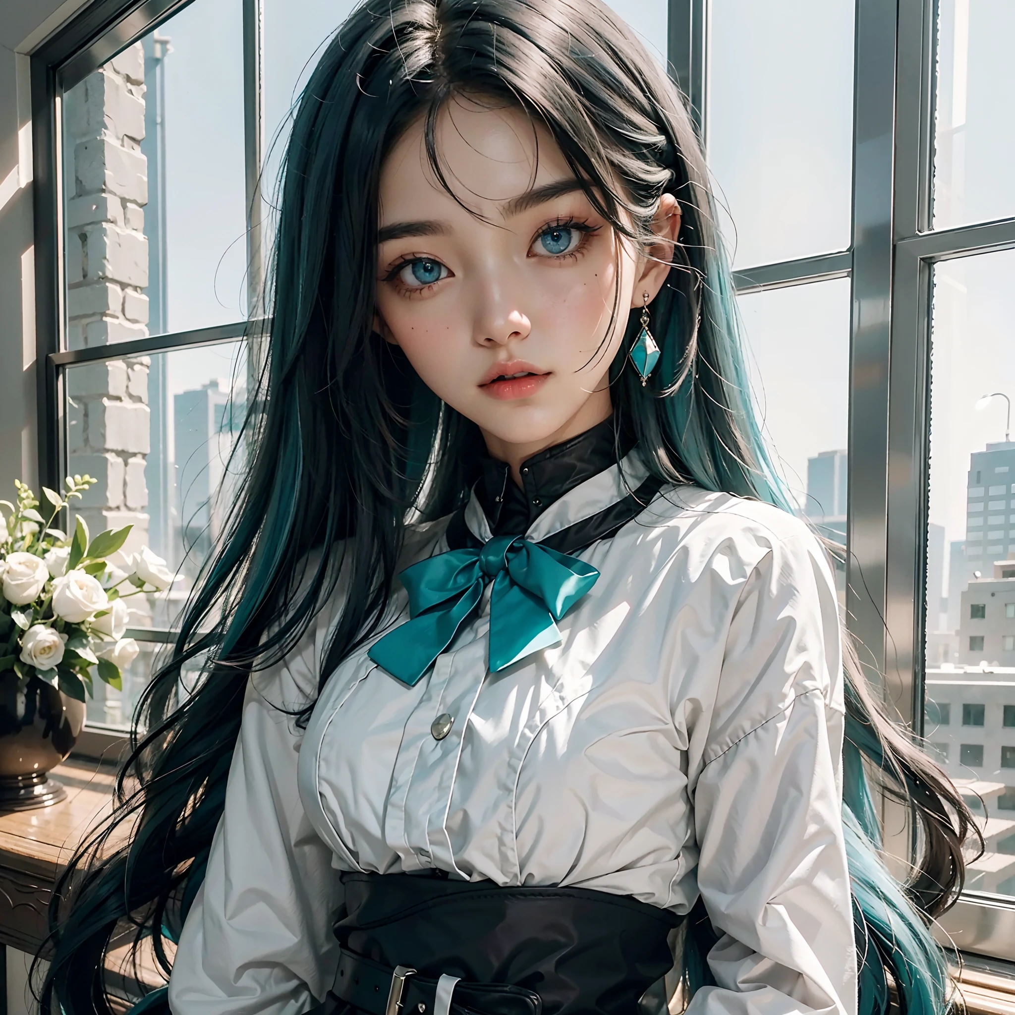 tmasterpiece，Best quality at best，the Extremely Detailed CG Unity 8K Wallpapers，In the daytime， White skin of the，long eyelasher, Long hair and waist，Pitch-black hair, Gradient hair, The ends of the hair are blue-green，Turquoise eyes，hair straight, White school uniform, Beautiful long neck, Bumpy figure，frontage，The upper part of the body，Highest image quality，Jewel-like eyes，Extremely beautiful，Fair face，Light eyebrows