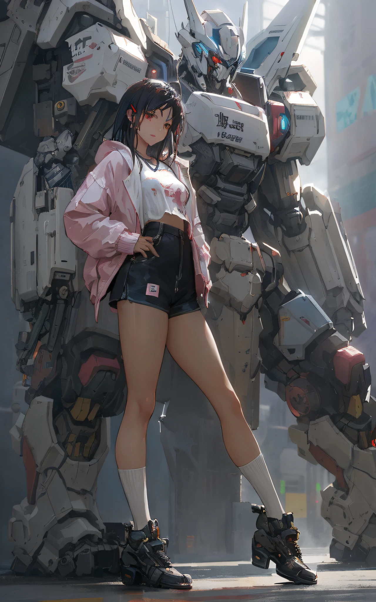 little boy in Shorts, and jacket and wear a snap back hat, standing next to giant robot, fine portrayal, delicate facial and facial features, masterpiece, cgstation trend, digital cyberpunk anime art, guweiz, Russell Dongjun Lu, Ross Tran 8K, Guweiz style on artstation pixiv, detail depiction, mecha network armor girl, blue eyes, black hair, curved light, vision looks more outstanding.