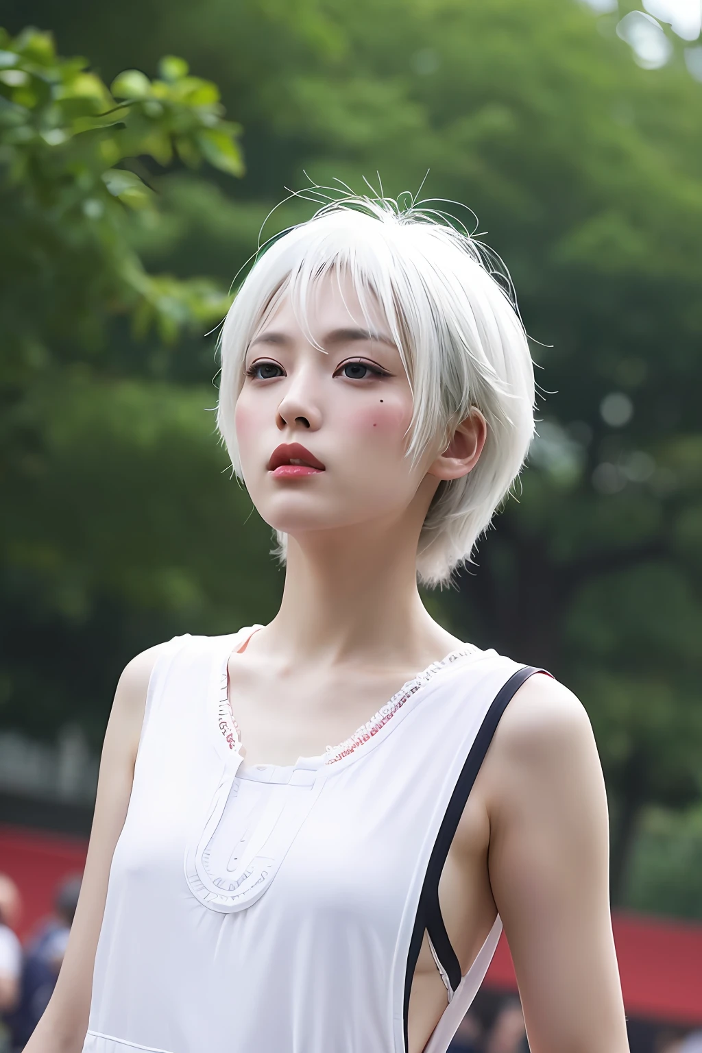 (extra detailed body、extra detailed face、best qualtiy:1.2)、femele、looking at the viewers、(White hair、Berry Berry Shortcut、Bandsman、punk)、(Live house in the background)