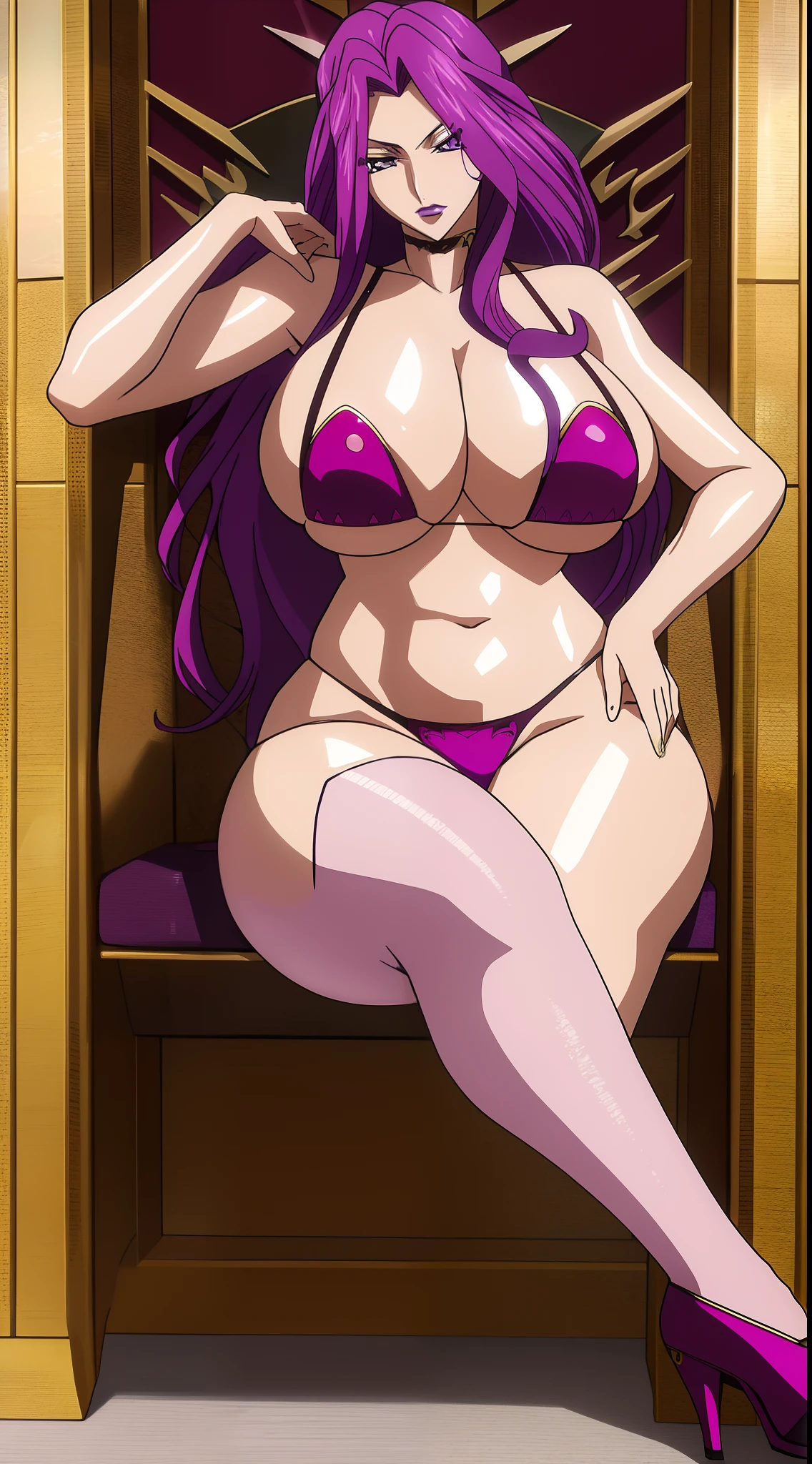 cornelia_li_britannia, huge breasts, solo, masterpiece, best quality, detailed face, detailed eyes, highres, code Geass Corneille purple eyes purple hair purple lip bikini knickers bra high heels beach