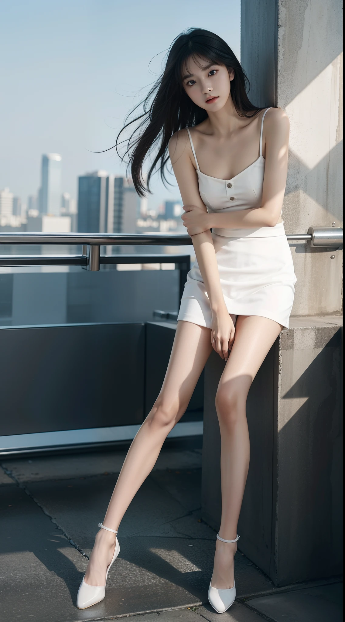 top Quority，Ultra-clear resolution，Clear  eyes，plain face，s the perfect face，White skin，Perfect chest，with perfect legs，Long legs，Short black style skirt，Random environment