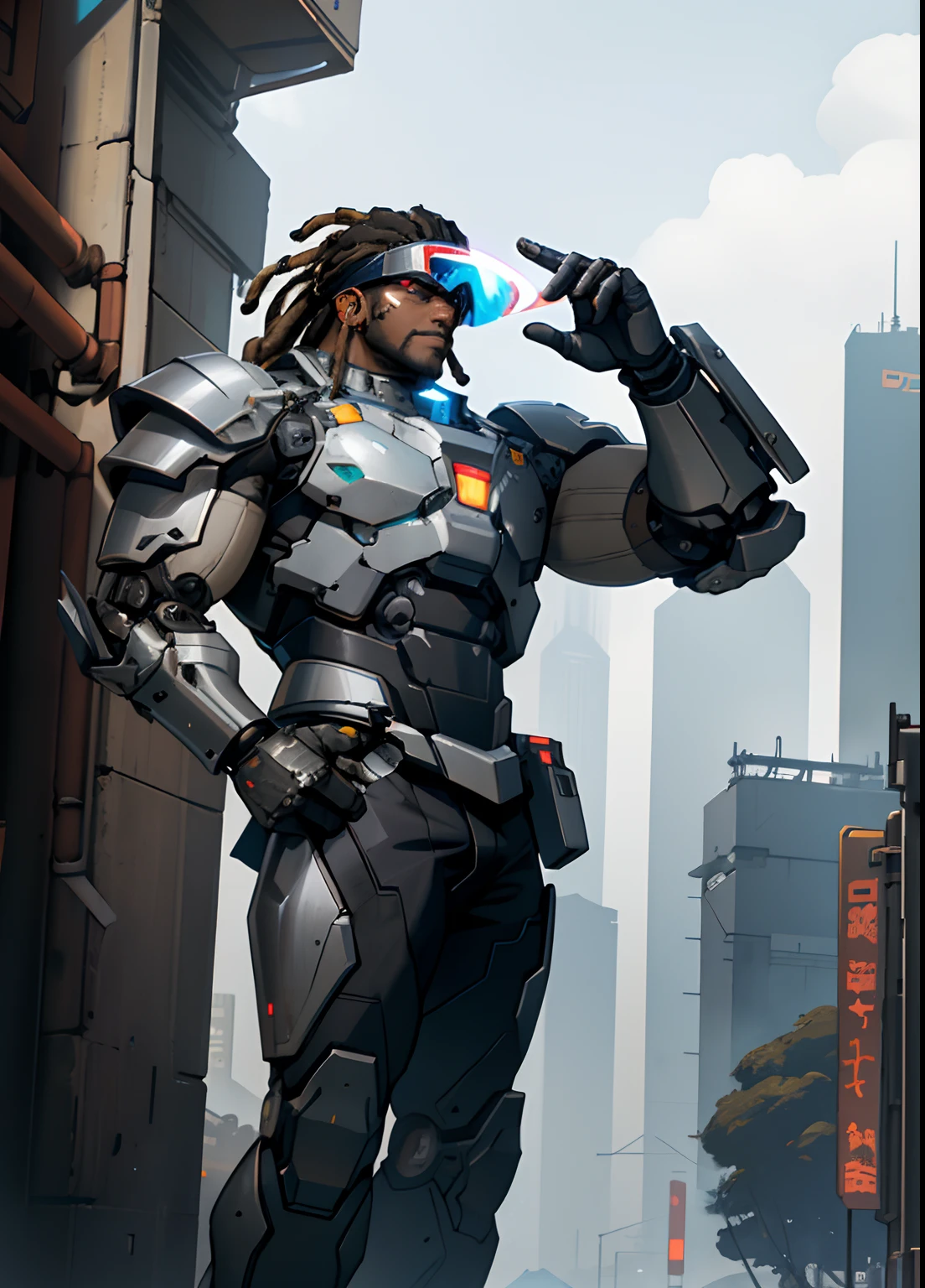 ((Best quality)), ((masterpiece)), (highly detailed:1.3), 3D, cyberpunk, 1 dark skinned male, visor, black dreadlocks, young, ((no beard)), mechanical muscle, tall chunky cyborg, silver mech plate armor, arm cannons, finger guns, rocket boots, blizzard tank background