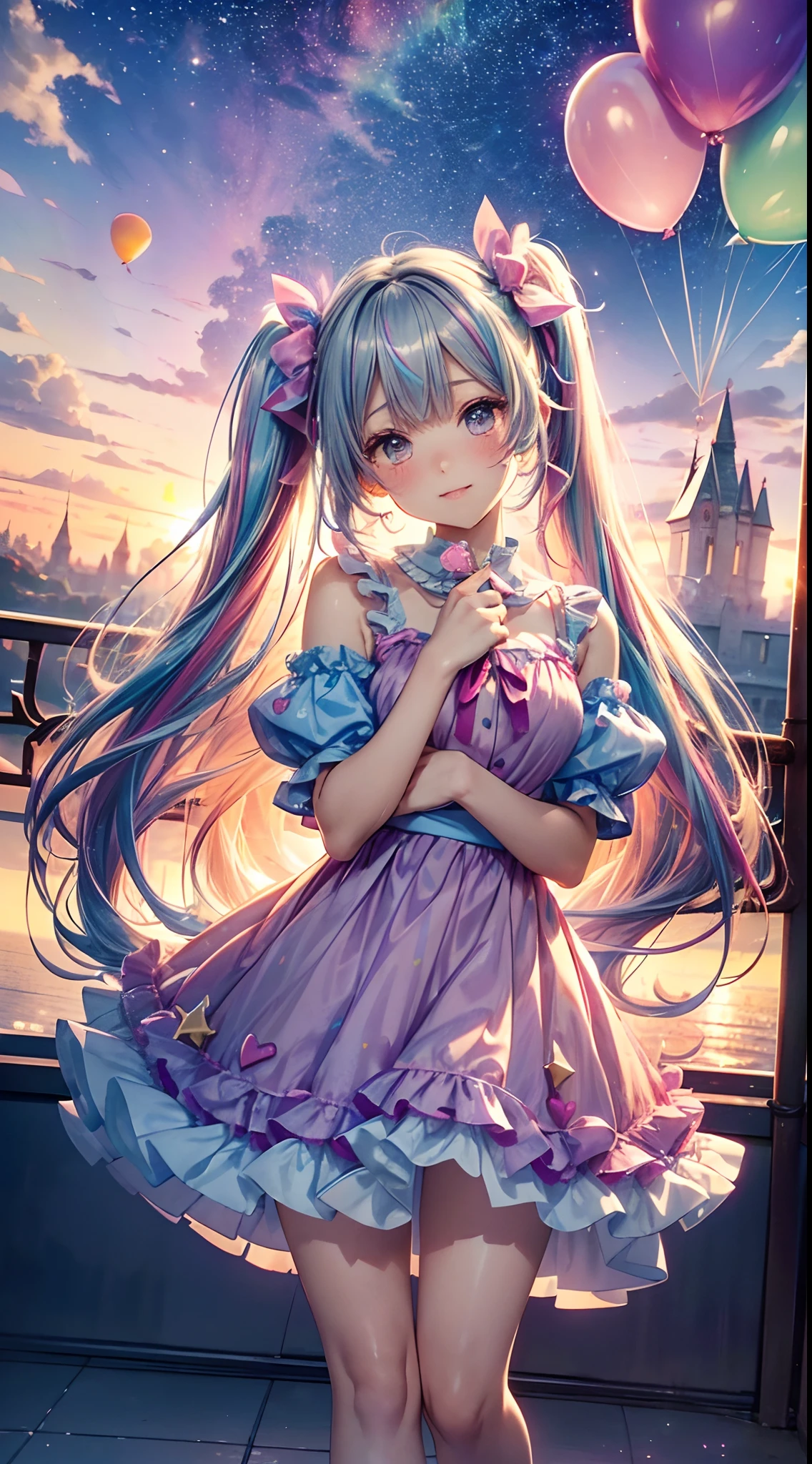 (fullbody, legs and shoes visible: 1.2)) expressive eyes, 1girl, pale skin, long hair, windblown hair, ((absurdly long hair)), long sidelocks, hime bangs, hair fringe, hair bun, ((very long twintails)), iridescent hair, light pink hair, blushing, full face blushing, big sparkling pastel purple eyes, (gradient eyes), open mouth smile, cute pose, ((holding balloons : 1.3)) 
((cute and pastel fashion)) ((🦄🎠🎈😎 theme : 1.4)) flowy pastel dress, ((dreamy multicolored open dress)), (floating ribbons), lavender ruffles, pink frills, (light blue lace), detached short sleeves, puffy skirt, ((rainbows and stars print skirt : 1.3)), lolita skirt, purple bows, ((pompon ribbons hair ornament : 1.4)), multiple bows, striped lace stockings, (heart shaped leg garter), cute (pastel purple) shoes ((hyperdetailed clothing and fashion)) looking at you, vintage girl, blushing, (beautiful detailed eyes), (extremely detailed CG unity 8k wallpaper) (best shadow), ((an extremely delicate and beautiful)), (detailed light), ((depth of field)) big head, big sparkling eyes, moe, splash art, cinematic lighting, frontal view, volumetric lighting maximalist photo illustration 64k resolution high res intricately detailed complex key visual precise linear 
((in the dreamy pastel sky background, surrounded by sunset clouds, shooting stars, castles in the clouds)) ((hyperdetailed scenery, foggy clouds, suspended by balloons, hearts : 1.3))