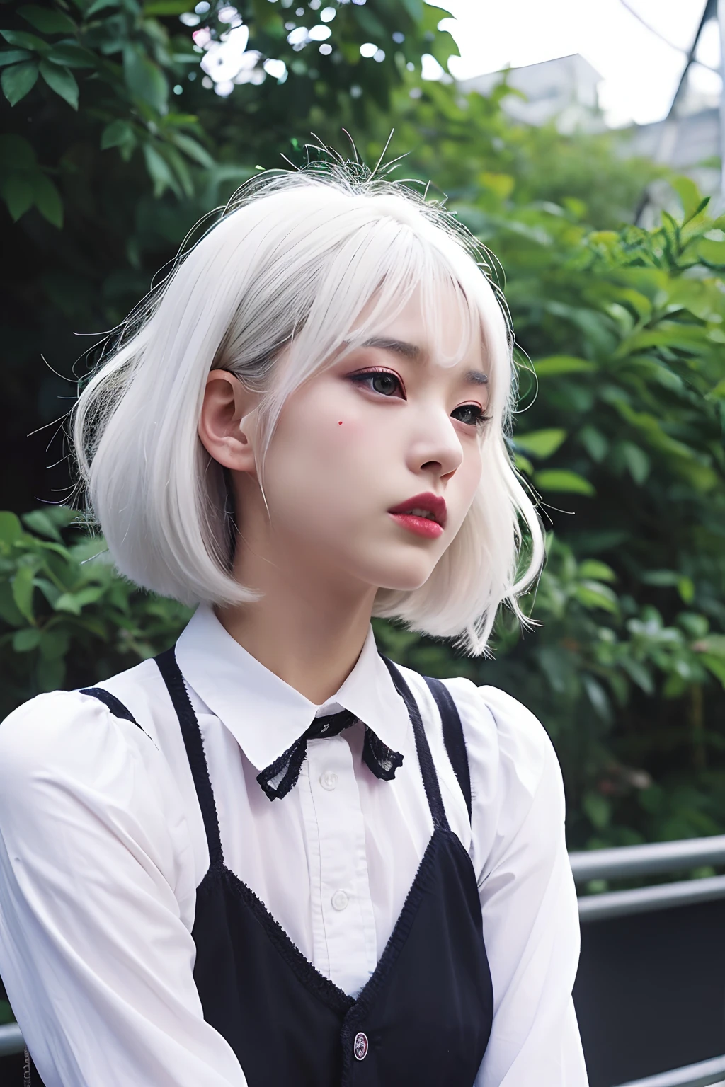 (extra detailed body、extra detailed face、best qualtiy:1.2)、femele、looking at the viewers、(White hair、Berry Berry Shortcut、Bandsman、punk)、(Live house in the background)