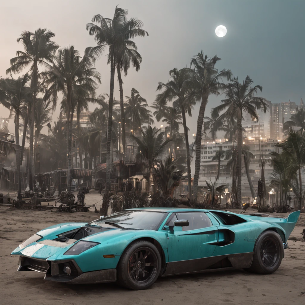 Paradisiacal beach, Turquoise watercolor, white sand, Palm trees with coconut, distinctive, With colorful parrots, ultra-realistic realism, detaile, 8K, cinematic ligh，"tmasterpiece, Better quality, Still photography, Cyberpunk-city [cyber punk perssonage], Two huge ships flew over the city [flying ships], it's night time，it is raining [rainy evening]"