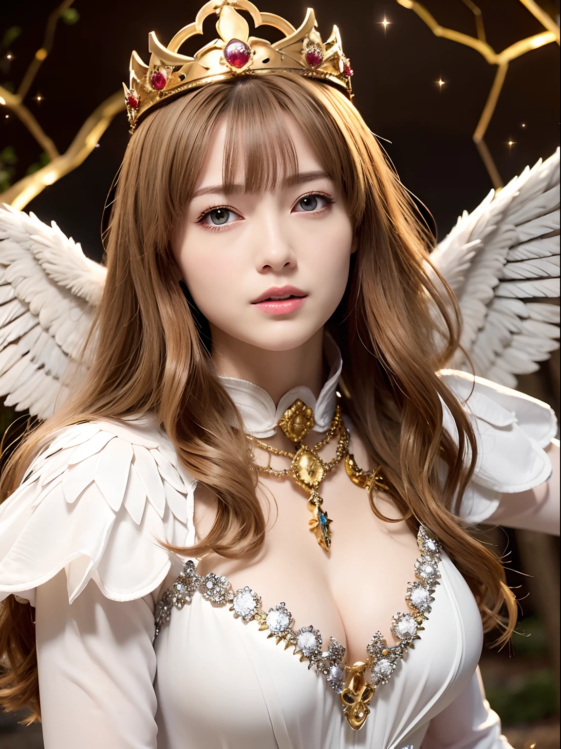 (masutepiece), Professional , masterpiece、top-quality、photos realistic , depth of fields 、(Wind element),tornado,Lightning,(Gemstone Silver Metal Body:1.9),(Matte White、(Gangle's forest background),(Brown hair long straight)、Luminescent particles,light scattering,Tindall Effect、((Jewel Gold Weapon))、(Castle background),Gorgeous metal weapons,(Detailed and realistic angel white wings) , Detailed Sword of the Brave , Beautiful knife 、delicated face、20 years girl ,warhammer 40k , adepta sororitas,Detail and ornate jewel crown、a blond、()、Beautiful Caucasian beauty、1a person、dynamic ungle,(((Detailed and ornate diamond crown)))、Smaller head、A smile、Powerful poses、Beautiful thin fingers of a woman、cleavage of the breast、Particles of light、