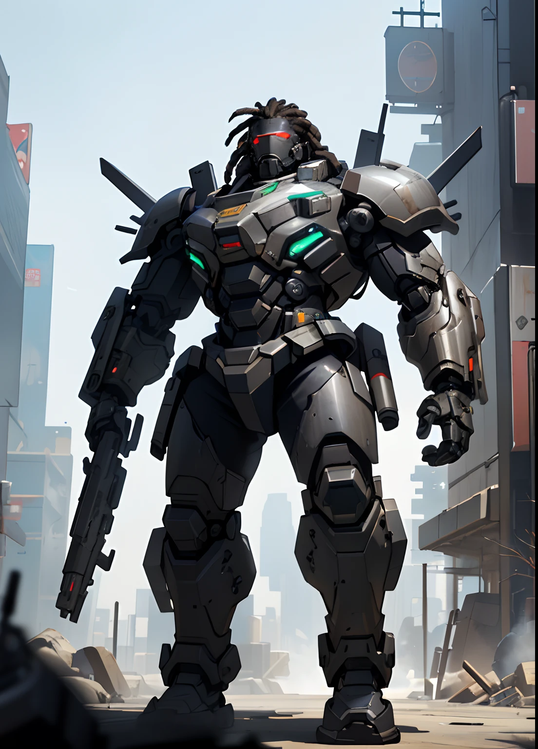 ((Best quality)), ((masterpiece)), (highly detailed:1.3), 3D, cyberpunk, 1 dark skinned male, visor, black dreadlocks, young, ((no beard)), mechanical muscle, tall chunky cyborg, silver mech plate armor, arm cannons, finger guns, rocket boots, blizzard tank background