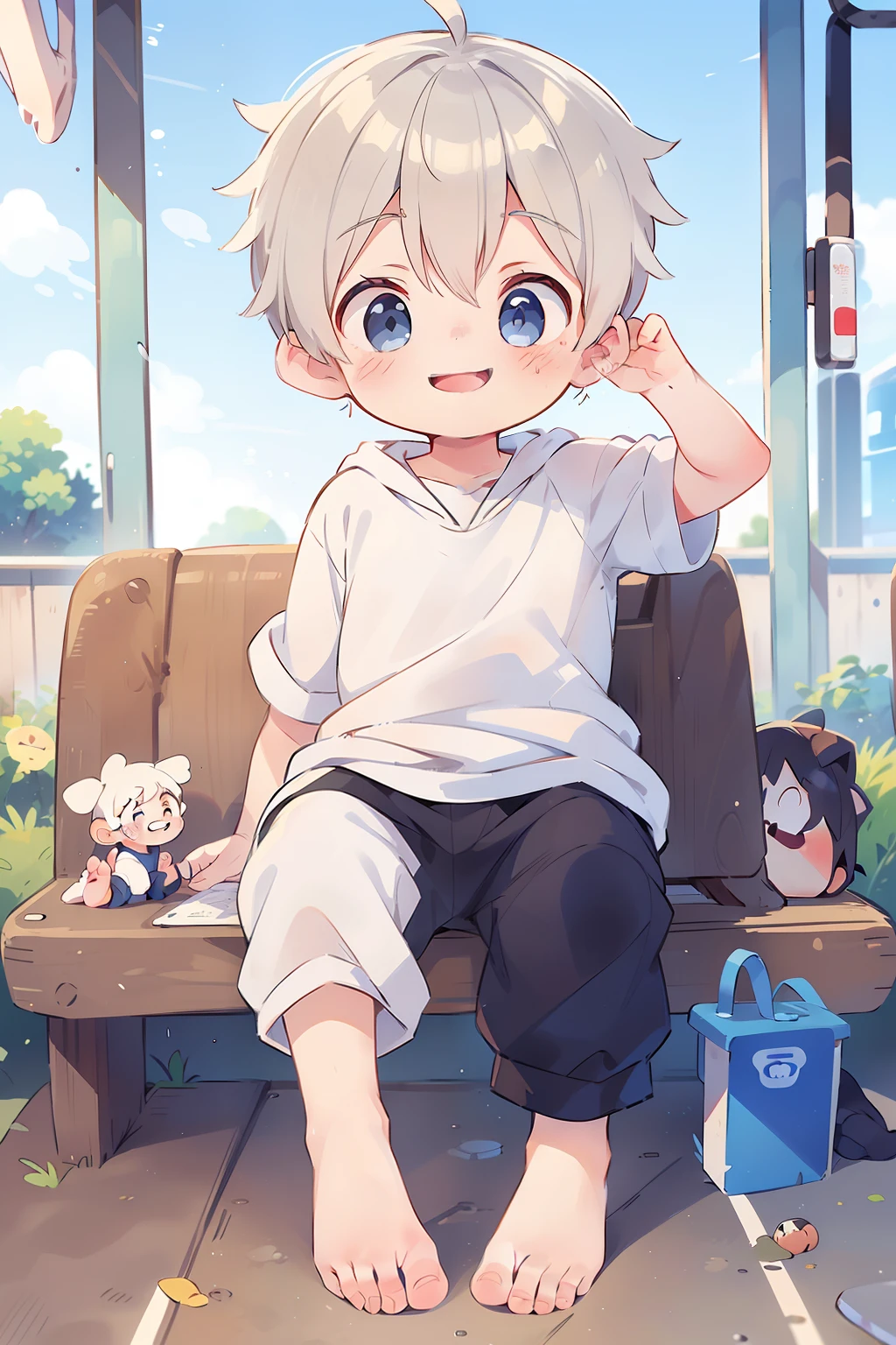 Masterpiece, chubby  boy with white hair and shiny bright blue eyes and barefoot wearing a hoodie, and oversized sweatpants sitting in a train, young, boy, child,l, toddsoft lit, (sweatpants:1.4), (Boy:1.4), (Shota:1.4), (Young:1.4), (Male:1.4), (smiling:1.4), (foot:1.4), (shy:1.4),