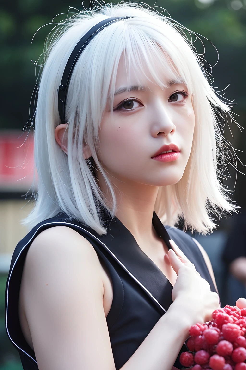 (extra detailed body、extra detailed face、best qualtiy:1.2)、femele、looking at the viewers、(White hair、Berry Berry Shortcut、Bandsman、punk)、(Live house in the background)