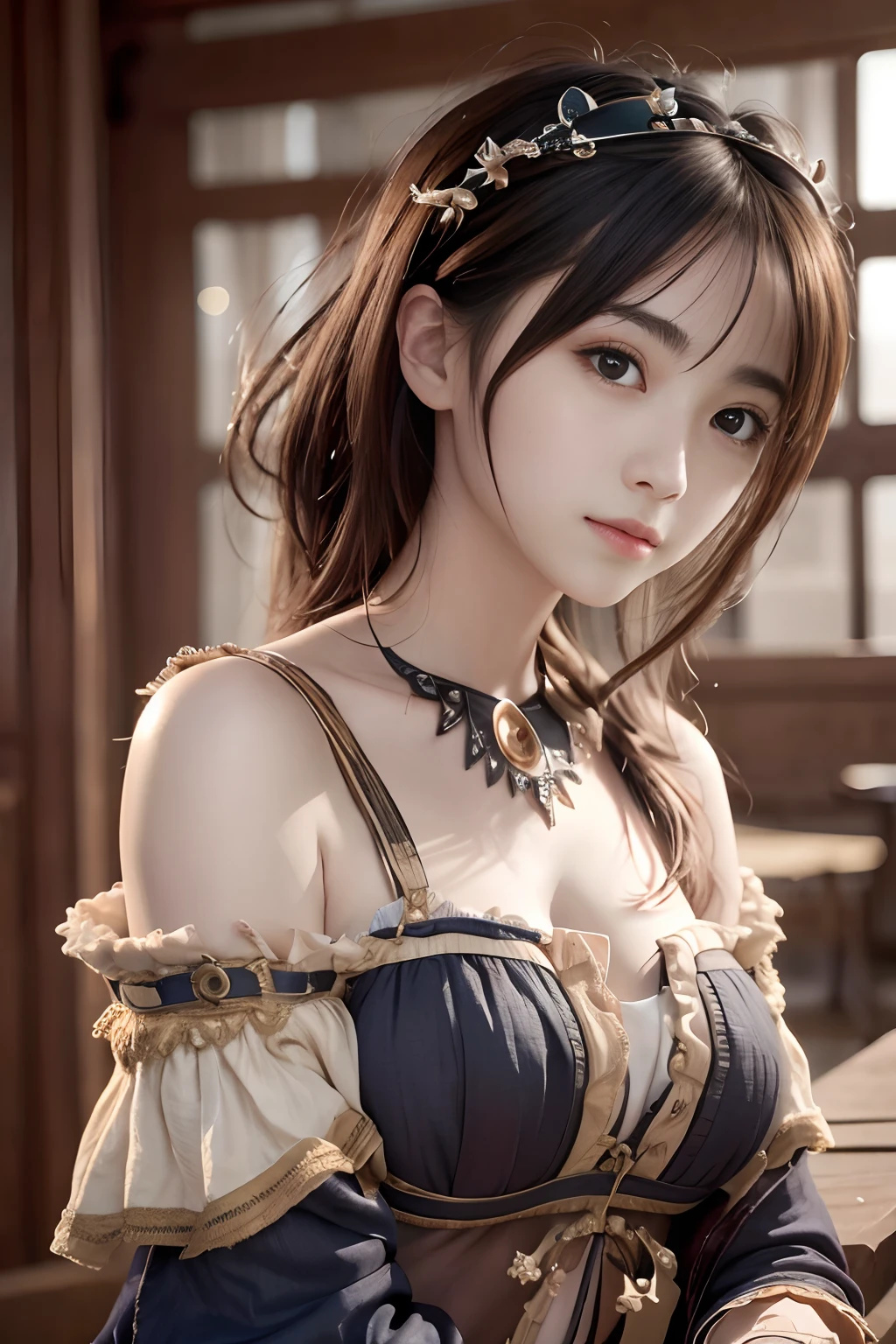 (masterpiece:1.3), (8K, Photorealistic, Raw photo, Best image quality: 1.4), Japanese schoolgirl、18-year-old,(Random Hairstyles:1.2)、Cleavage:1.2、Super detailed face、Attention to detail、double eyelid、Put your chest together、Sharp focus:1.2、Beautiful woman:1.4、Light brown hair、Highest quality、masterpiece、Ultra-high resolution、(Photorealistic:1.4)、Highly detailed and professionally lit smile、loose fitting steampunk outfit、Shoulder out、thin、Serious expression、Holding a gorgeous necklace in her right hand, Inside the castle