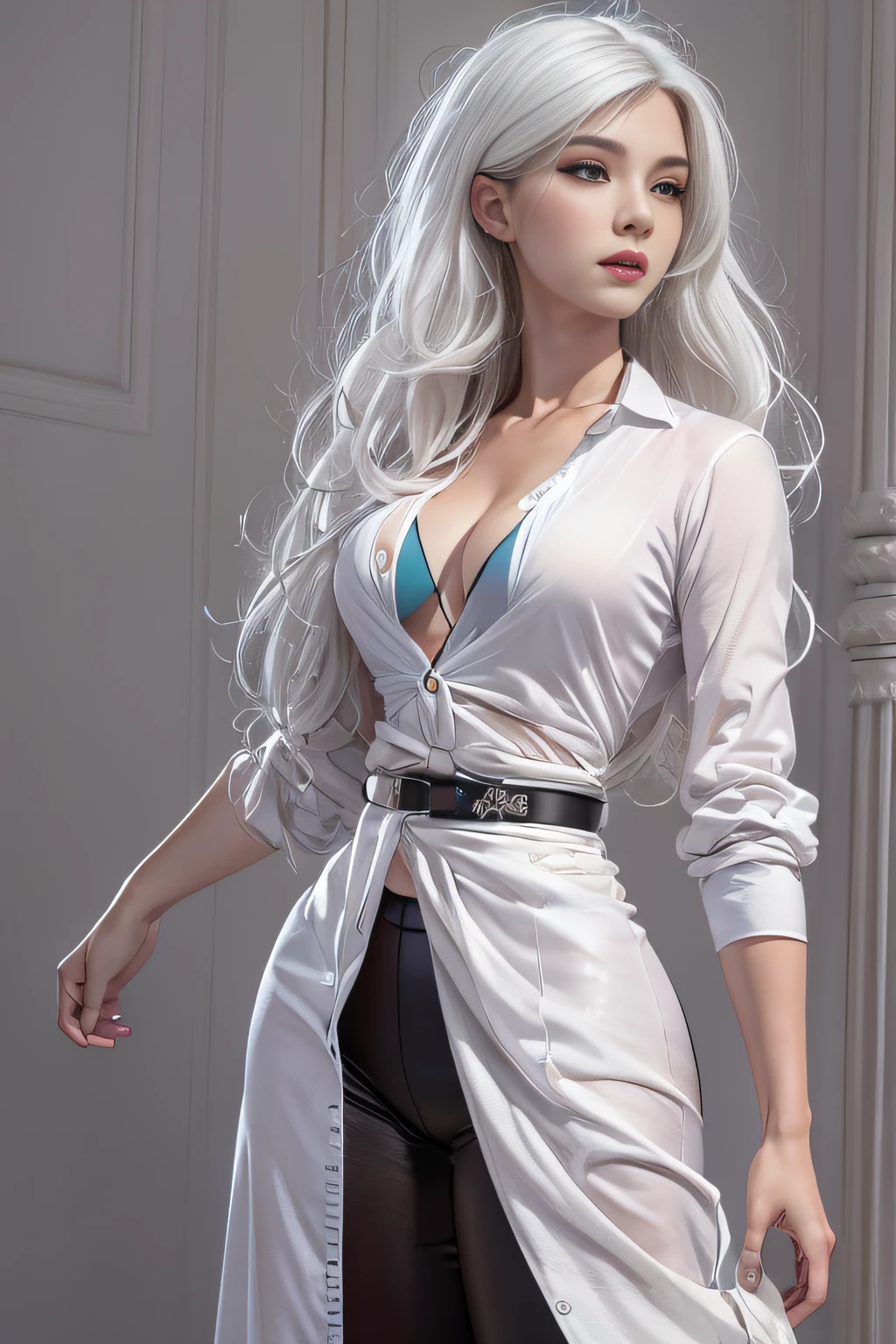 Award-Awarded, Super detail, Anatomically correct, hyper HD, retinas, Masterpiece, Textured skin, ccurate, High details, Best quality, A high resolution, High quality, 8K,Photorealistic, high resolution, Soft lights, 1womanl, Shiny skin, Fine fine skin, Solo, Hips up, view the viewer, (Detailed face), White hair, Long hair, doctor outfit, blouse