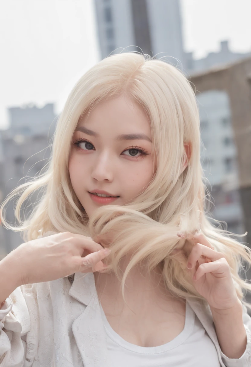 Dance、Artistic jump、eery、break dance、Strenuous movements、dynamic movements、Cyber City at night、Blade Runner vibe、Steam flows from exhaust outlets on the road surface、The road surface is wet、独奏、Fluttering hair、Beautuful Women、a small face、Turquoise eyes、hason、young 17 years old、Bright smile、half-open mouth、White teeth are visible、(Asymmetrical bangs、Long blonde hair – reddish-orange mesh、hair on one eye、Disheveled hair)、(Jersey pants、White sports bra、down jacket、Parka、Motocross gloves、White sneakers)、(Fine fingers、detailed arms、human hand)、(Detailed face) 、(8K、top-quality: 1.4、tmasterpiece、 hyper HD、 Top resolution,、The is very detailed、 profesional lighting、 Gray light illumination、low angle from below、Blow steam into the landscape、Fog in the landscape、Foggy、