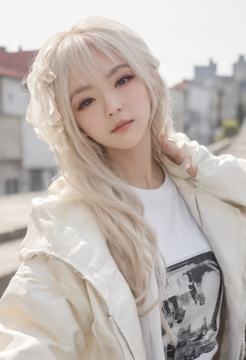 Dance、Artistic jump、eery、break dance、Strenuous movements、dynamic movements、Cyber City at night、Blade Runner vibe、Steam flows from exhaust outlets on the road surface、The road surface is wet、独奏、Fluttering hair、Beautuful Women、a small face、Turquoise eyes、hason、young 17 years old、Bright smile、half-open mouth、White teeth are visible、(Asymmetrical bangs、Long blonde hair – reddish-orange mesh、hair on one eye、Disheveled hair)、(Jersey pants、White sports bra、down jacket、Parka、Motocross gloves、White sneakers)、(Fine fingers、detailed arms、human hand)、(Detailed face) 、(8K、top-quality: 1.4、tmasterpiece、 hyper HD、 Top resolution,、The is very detailed、 profesional lighting、 Gray light illumination、low angle from below、Blow steam into the landscape、Fog in the landscape、Foggy、