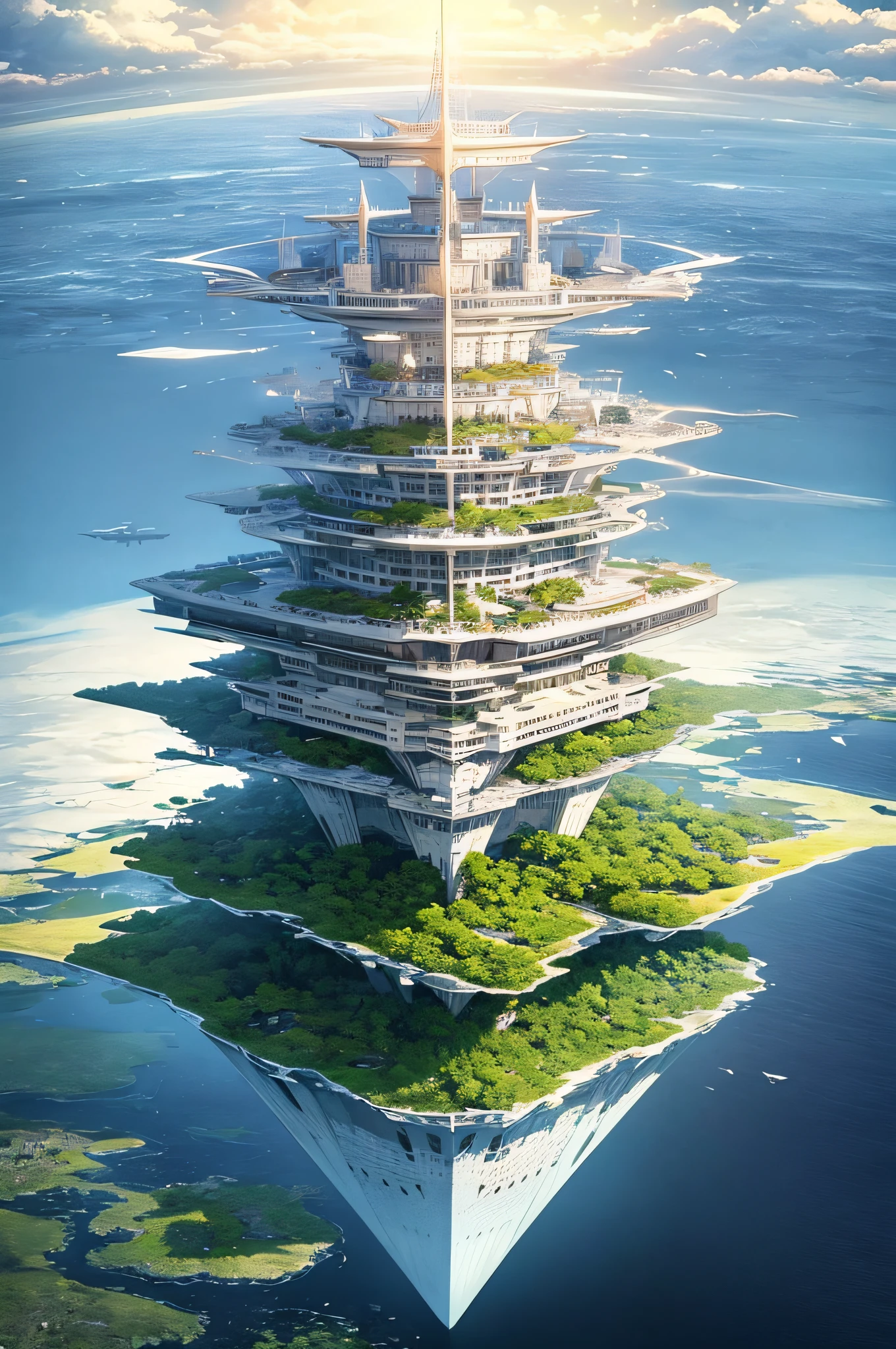 Huge floating city in the center,Pure white building based on urban white,Many continents are connected，The edge of the continent is rich in aquatic grasses，Many cities are dispersed.,Fantasy world like anime