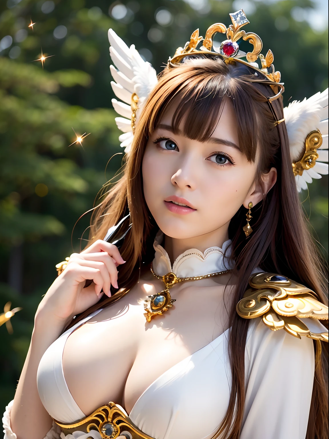 (masutepiece), Professional , masterpiece、top-quality、photos realistic , depth of fields 、(Wind element),tornado,Lightning,(Gemstone Silver Metal Body:1.9),(Matte White、(Gangle's forest background),(Brown hair long straight)、Luminescent particles,light scattering,Tindall Effect、((Jewel Gold Weapon))、(Castle background),Gorgeous metal weapons,(Detailed and realistic angel white wings) , Detailed Sword of the Brave , Beautiful knife 、delicated face、20 years girl ,warhammer 40k , adepta sororitas,Detail and ornate jewel crown、a blond、()、Beautiful Caucasian beauty、1a person、dynamic ungle,(((Detailed and ornate diamond crown)))、Smaller head、A smile、Powerful poses、Beautiful thin fingers of a woman、cleavage of the breast、Particles of light、