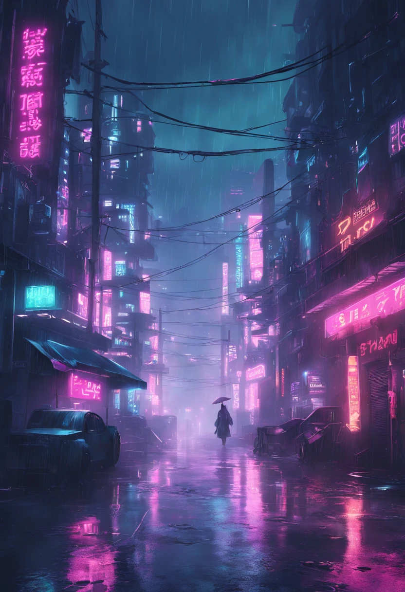 "Neon-lit cyberpunk streets, futuristic cityscape, dystopian artwork in the dark, 4k wallpaper. Rainy and foggy atmosphere, evoking a moody and desolate future."