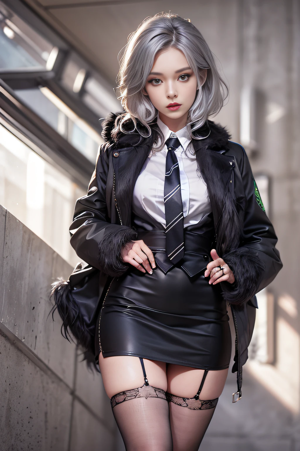 Photorealistic, high resolution, 1 Women, Solo, Hips up, Beautiful eyes, White hair, ringed eyes, Collared shirt,black necktie,Black skirt, pencil skirts, Fur coat, black lence stockings
