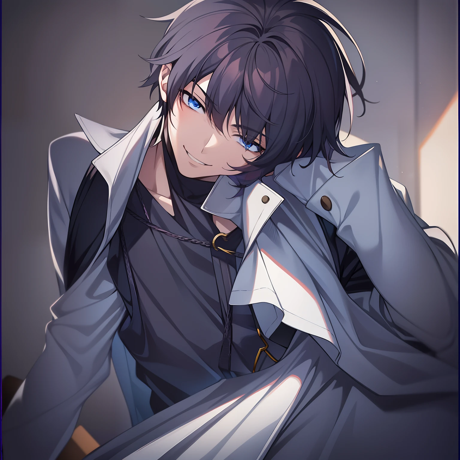 anime handsome guy, Anime portrait of a handsome man, in her 20s, A dark-haired, simple background, The background is all white, troubled look, Smile thinly, villainess, ruthless, cruel,