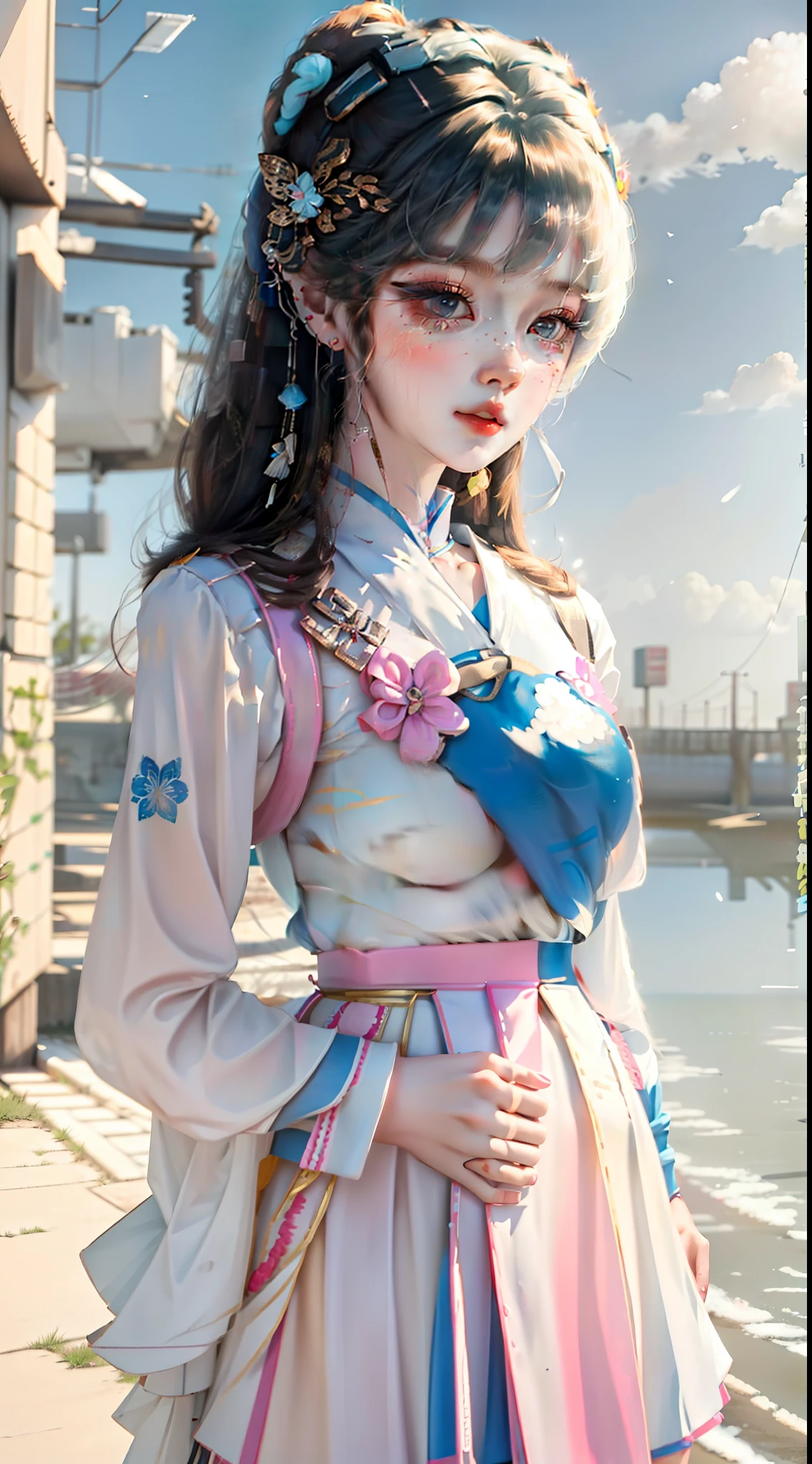 There was a young girl under a blue sky，Two-handed Biye, cute kawaii girls,, Twin tail hairstyle, Anime girl in real life, Chinese school uniform, white hime cut hairstyle, Ruan cute vtuber, Wearing a Chinese school uniform,